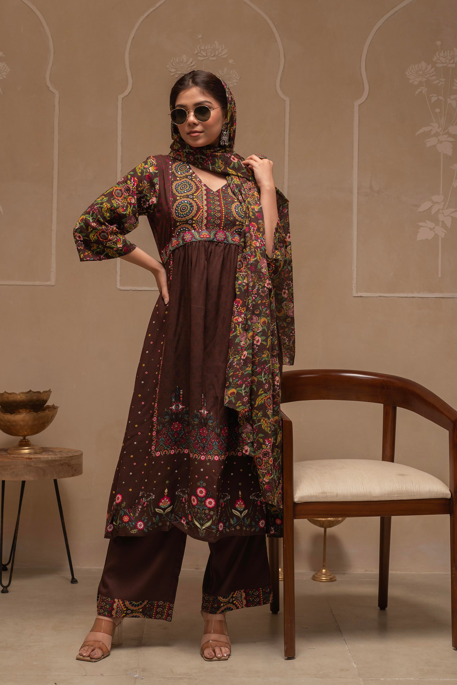 Brown Floral Viscose Kurta Pant Dupatta Set with Thread Work and Sequence