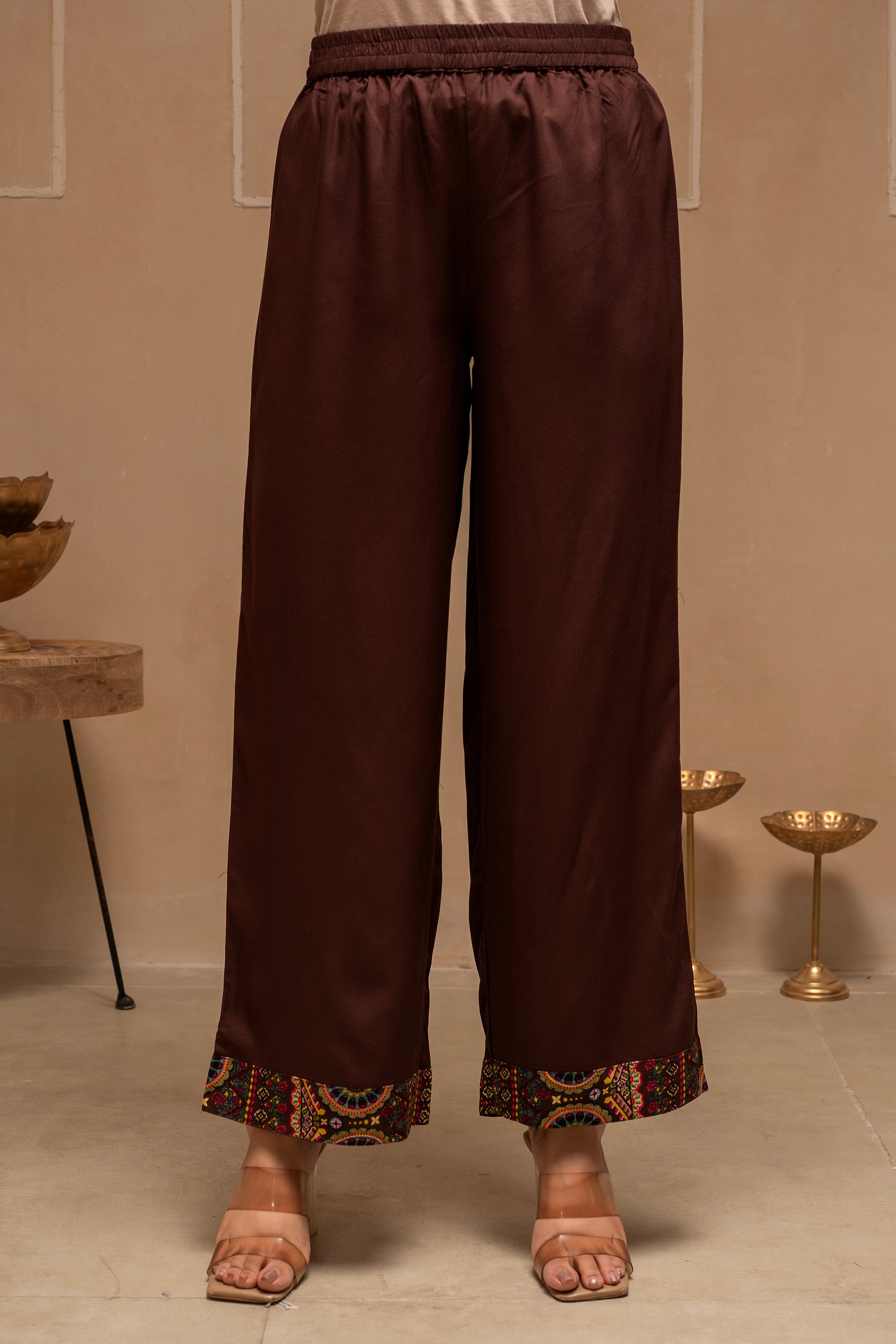Brown Floral Viscose Kurta Pant Dupatta Set with Thread Work and Sequence