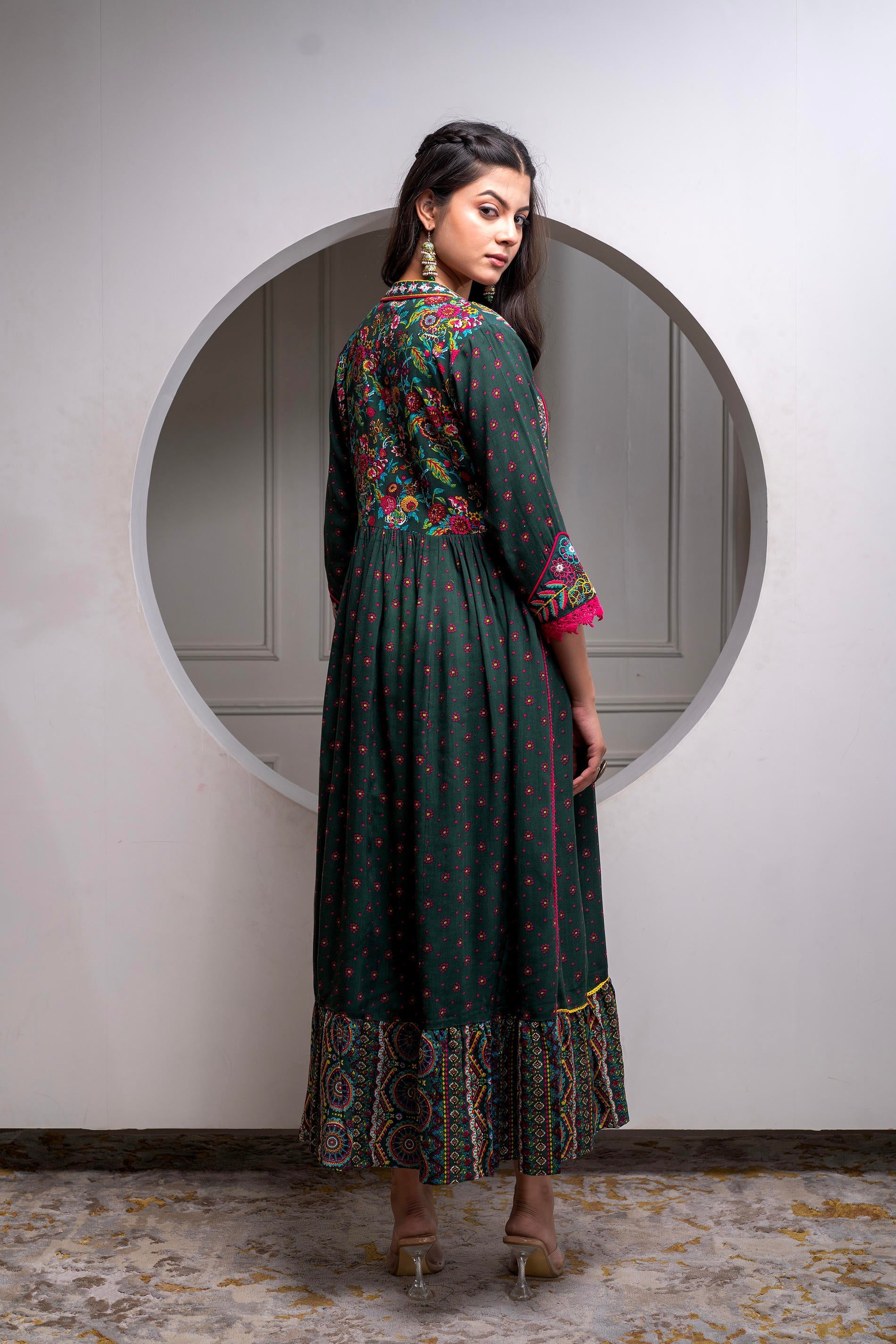 Viscose Bottle Green Embroidered Longdress and Shrug Set with Thread, Mirror Work & Beads