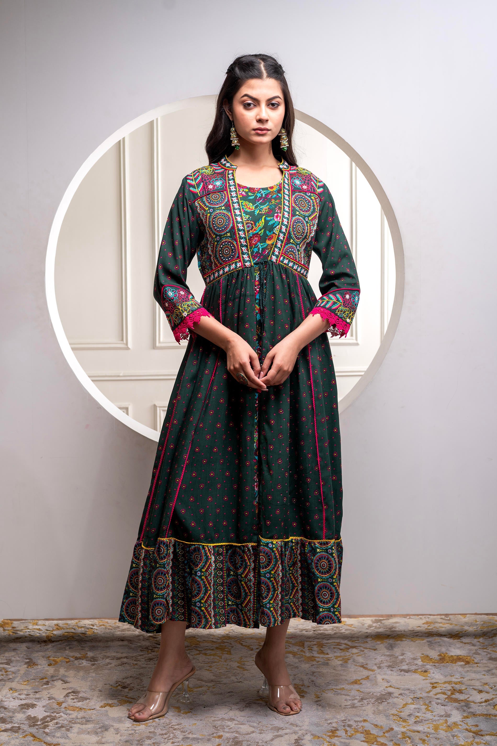 Viscose Bottle Green Embroidered Longdress and Shrug Set with Thread, Mirror Work & Beads
