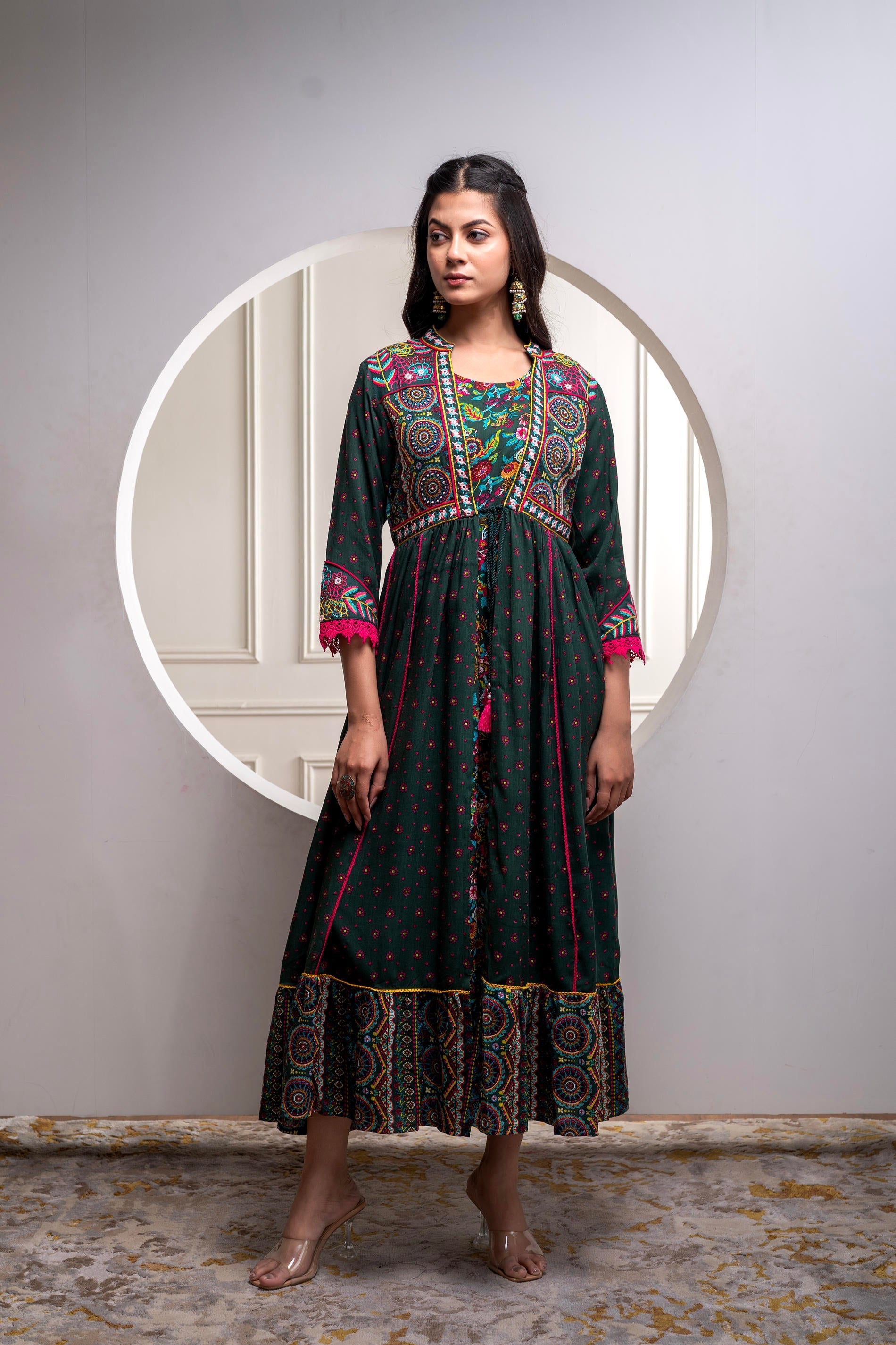 Viscose Bottle Green Embroidered Longdress and Shrug Set with Thared, Mirror Work & Beads