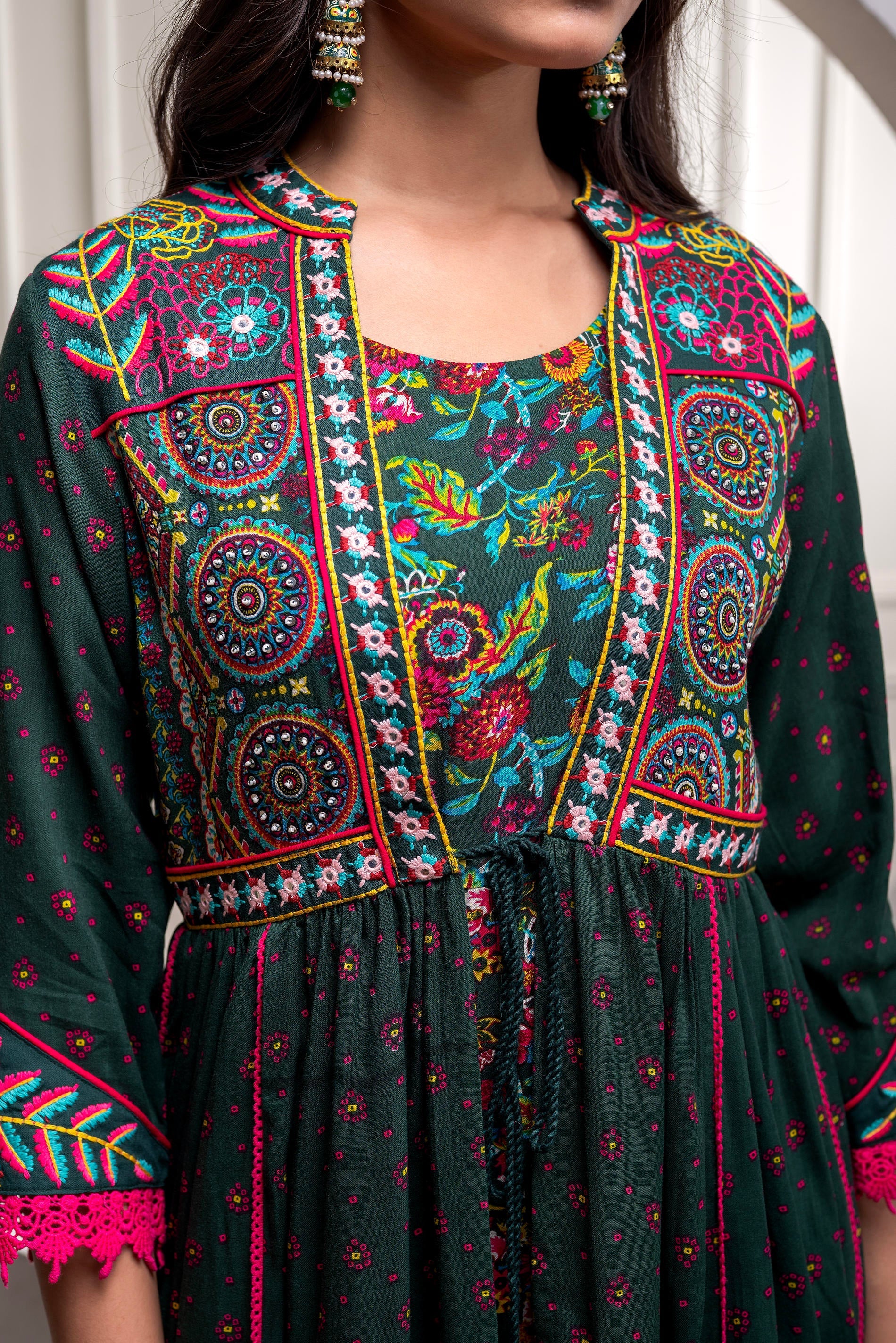 Viscose Bottle Green Embroidered Longdress and Shrug Set with Thared, Mirror Work & Beads