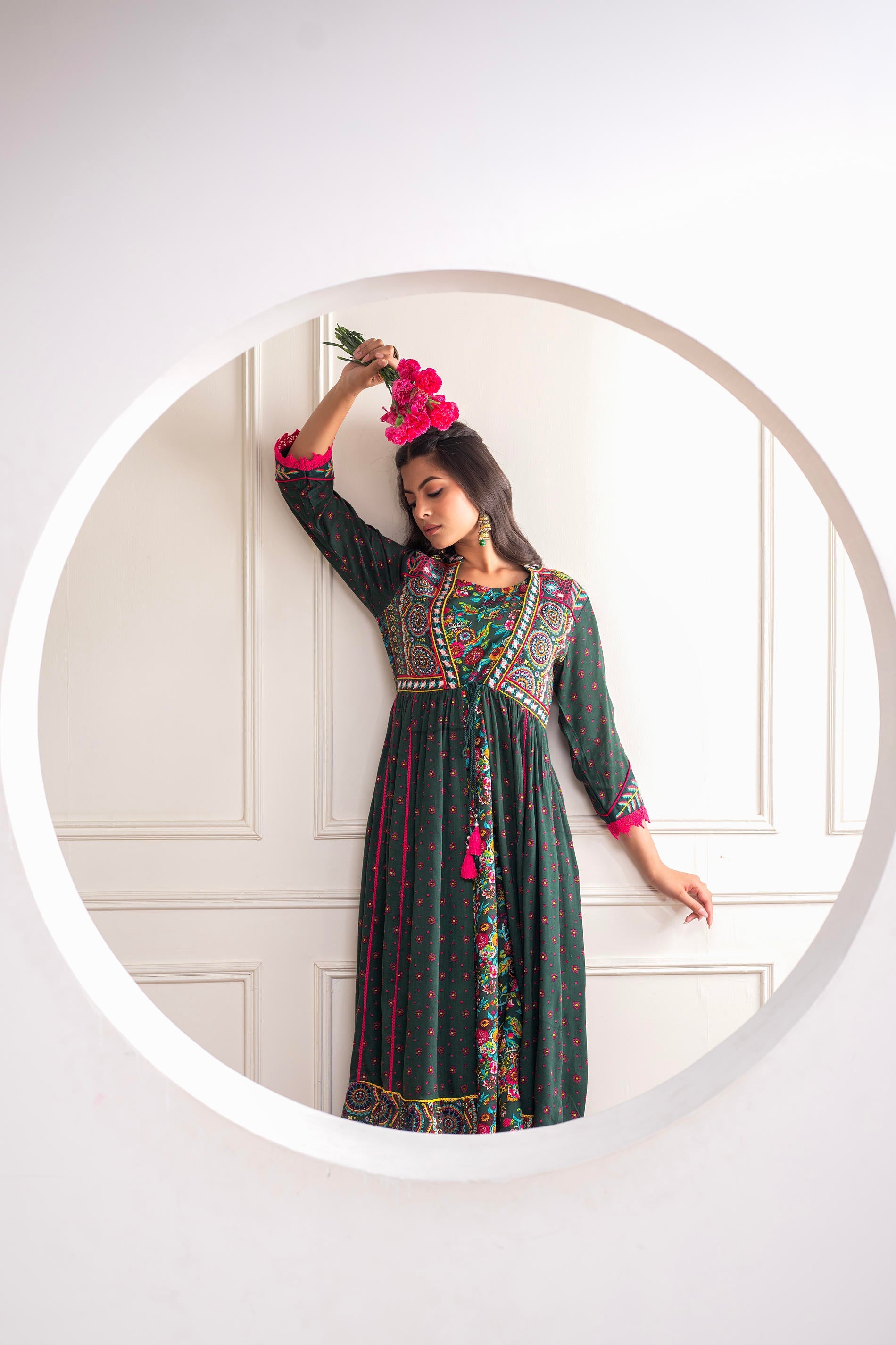 Viscose Bottle Green Embroidered Longdress and Shrug Set with Thread, Mirror Work & Beads