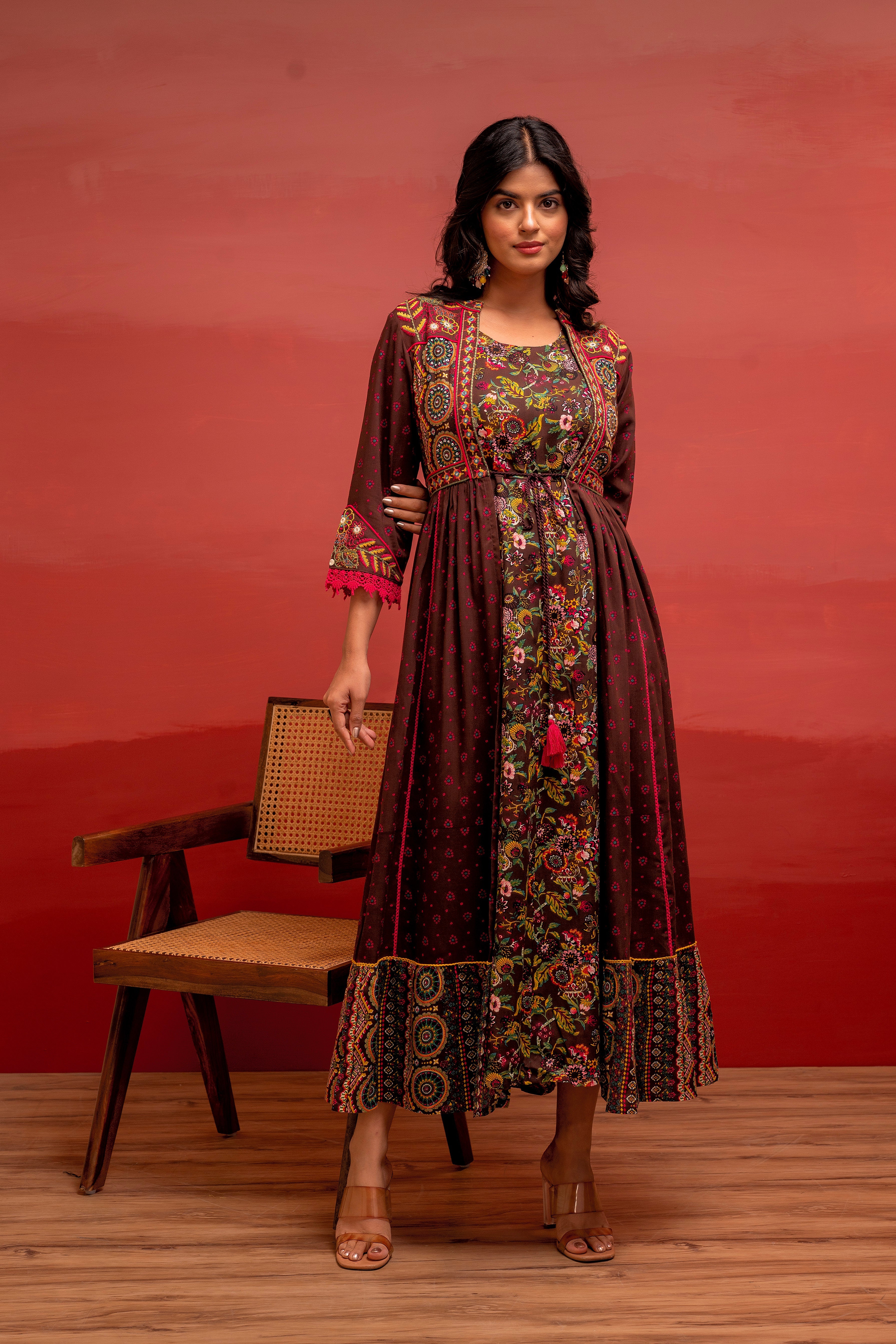 Viscose Brown Embroidered Longdress and Shrug Set with Thread, Mirror Work & Beads