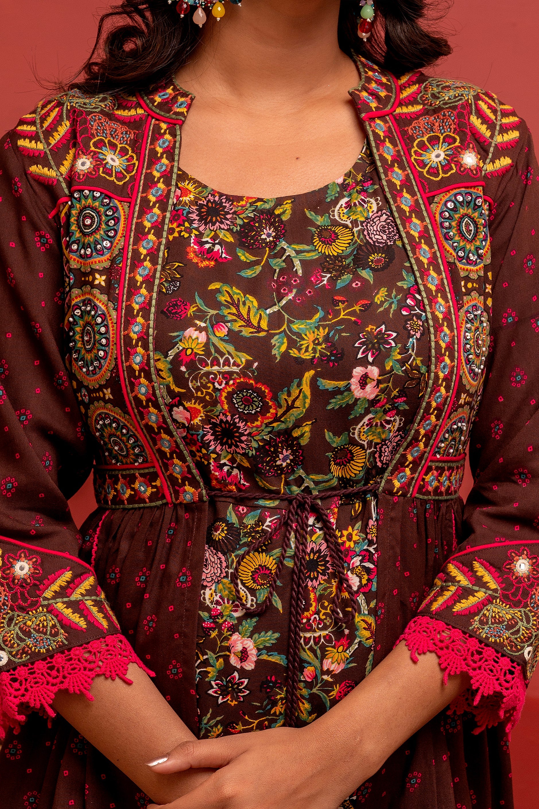 Viscose Brown Embroidered Longdress and Shrug Set with Thread, Mirror Work & Beads