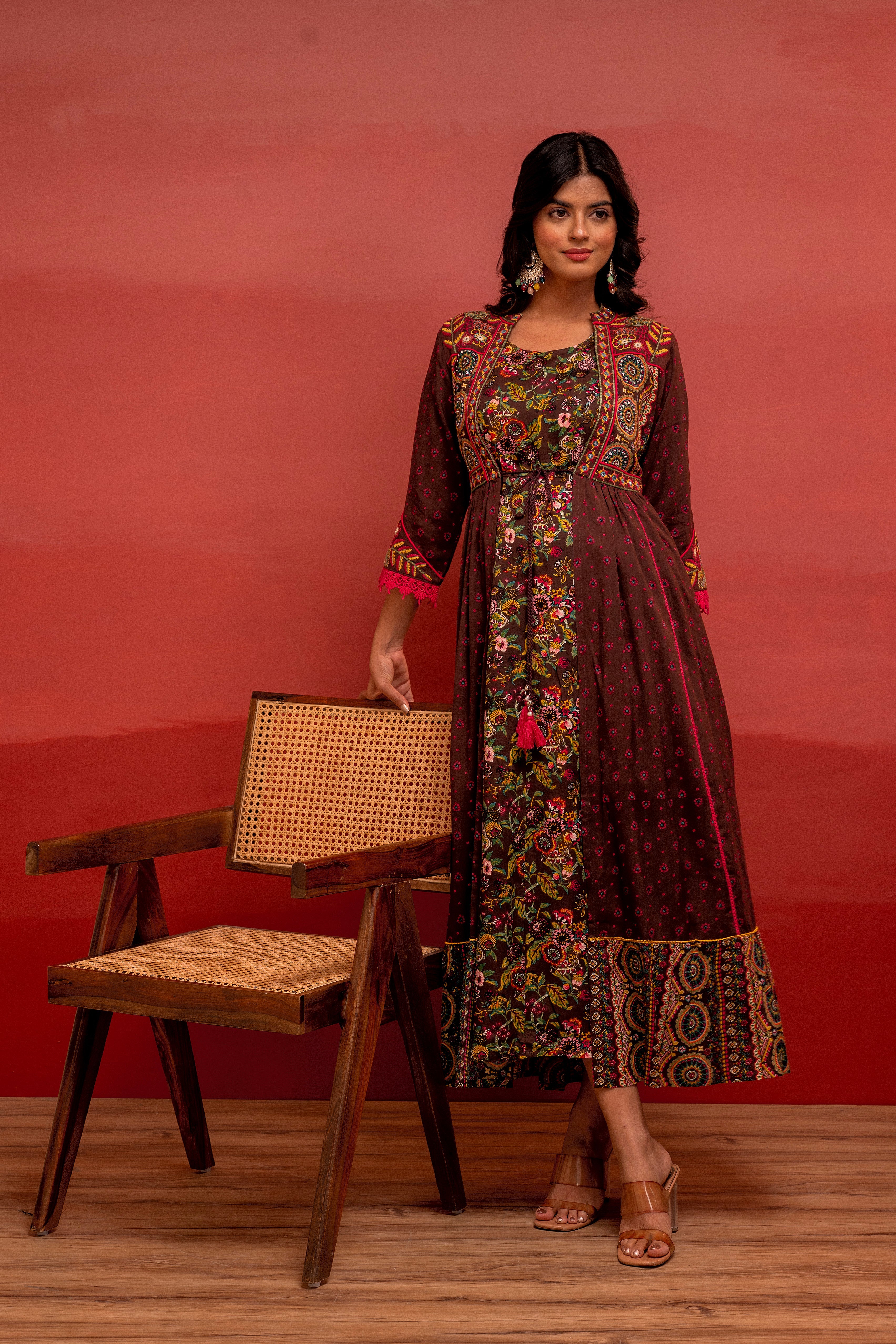 Viscose Brown Embroidered Longdress and Shrug Set with Thread, Mirror Work & Beads