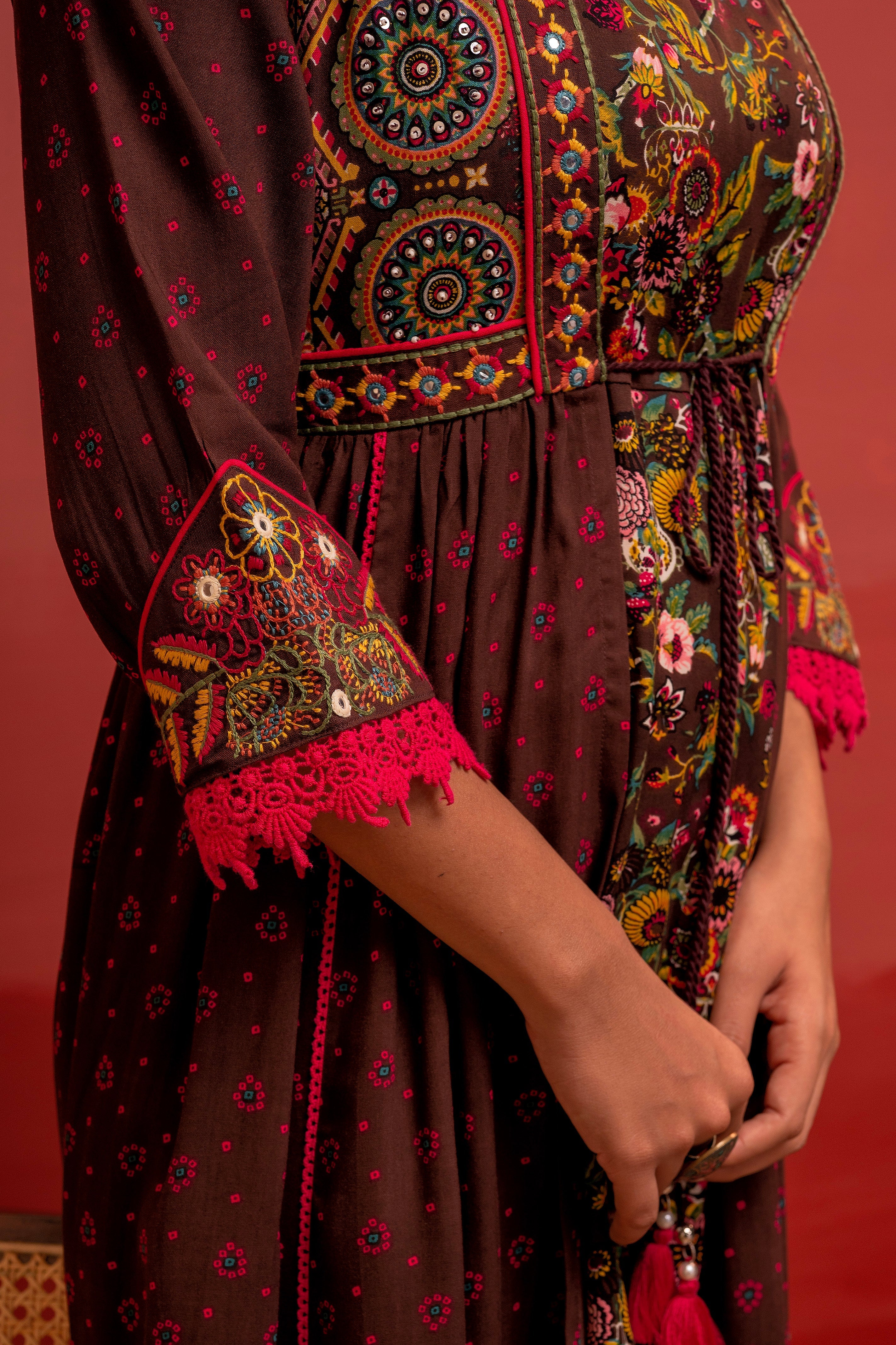 Viscose Brown Embroidered Longdress and Shrug Set with Thread, Mirror Work & Beads