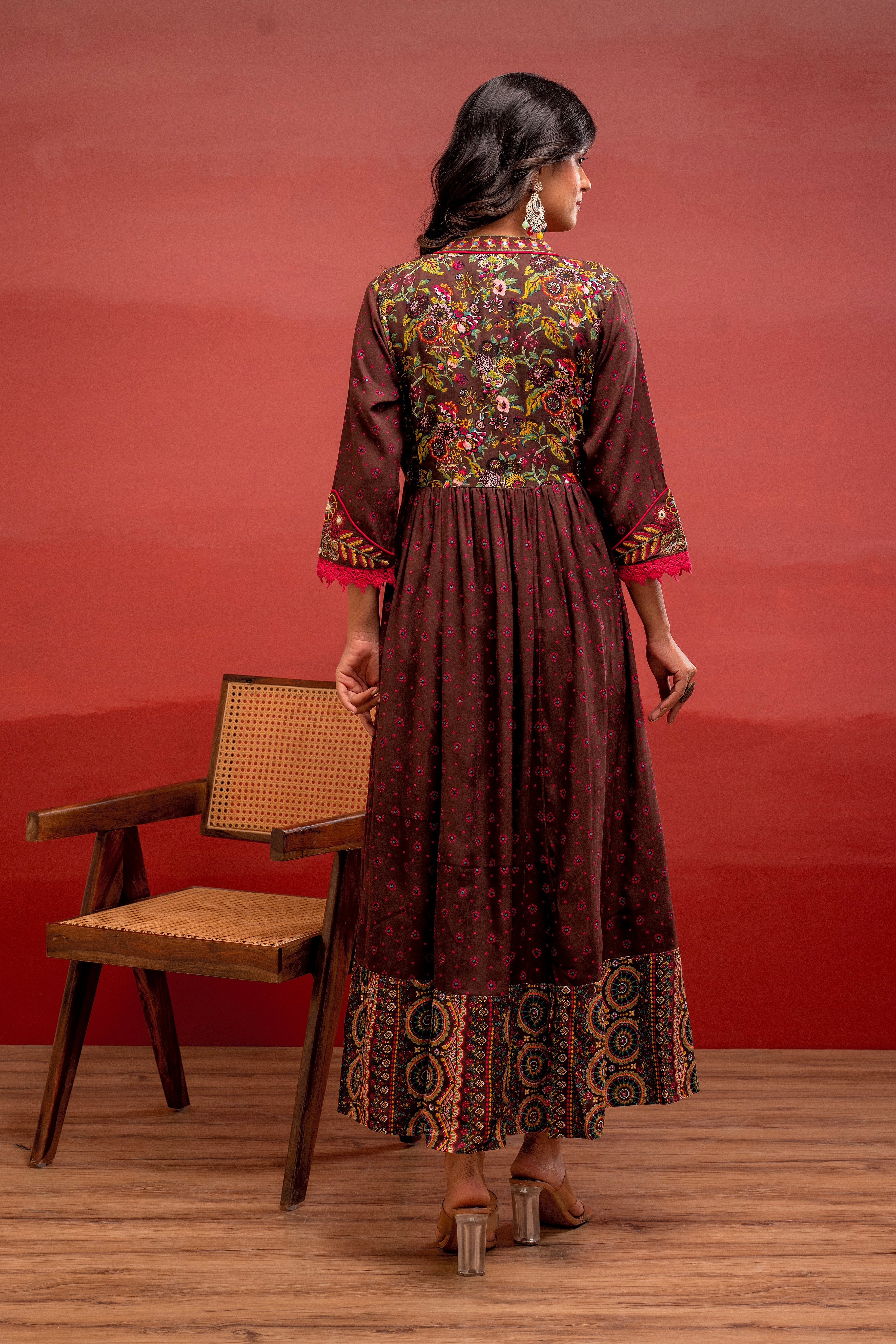 Viscose Brown Embroidered Longdress and Shrug Set with Thread, Mirror Work & Beads