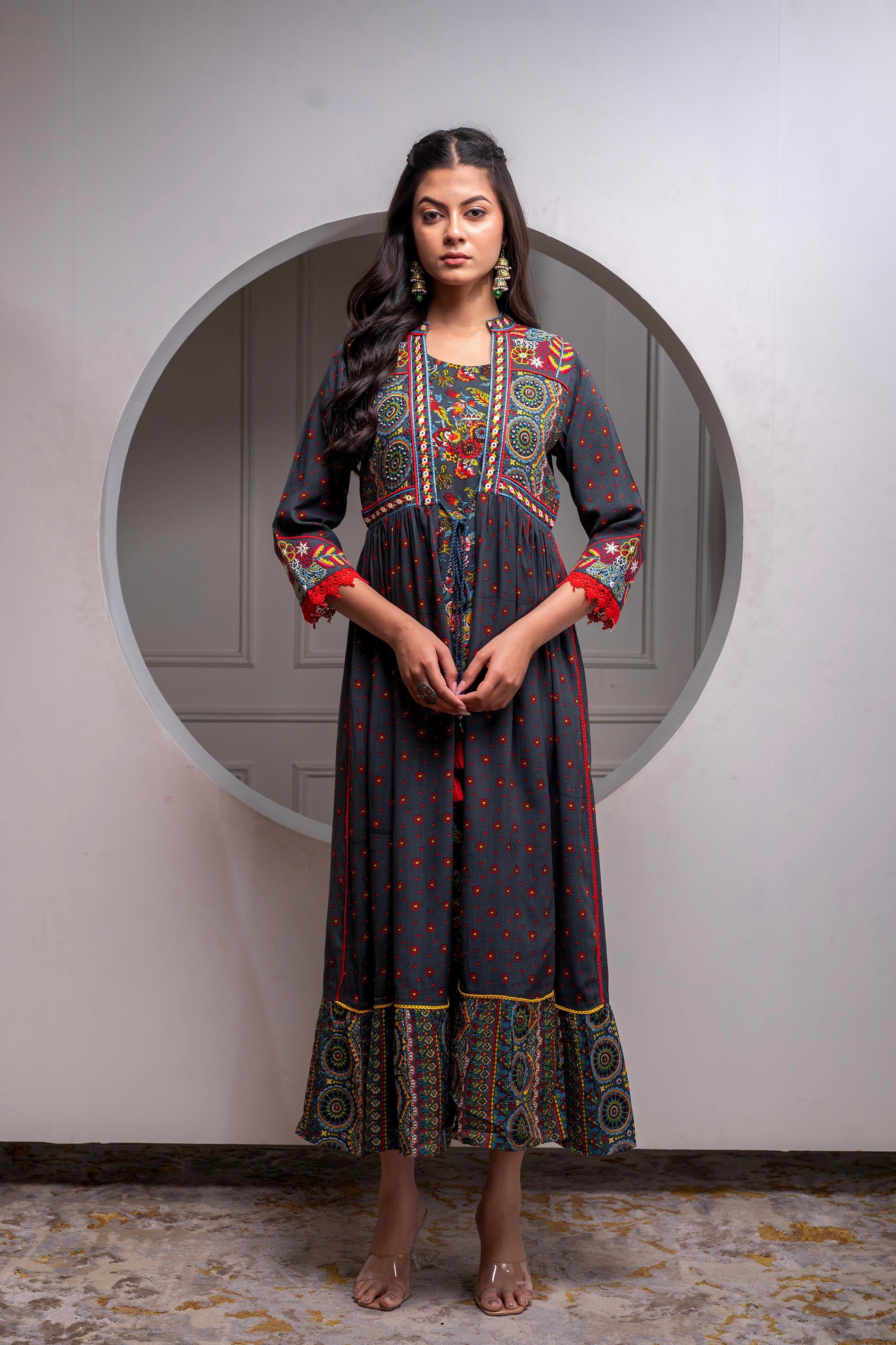 Viscose Grey Embroidered Longdress and Shrug Set with Thared, Mirror Work & Beads