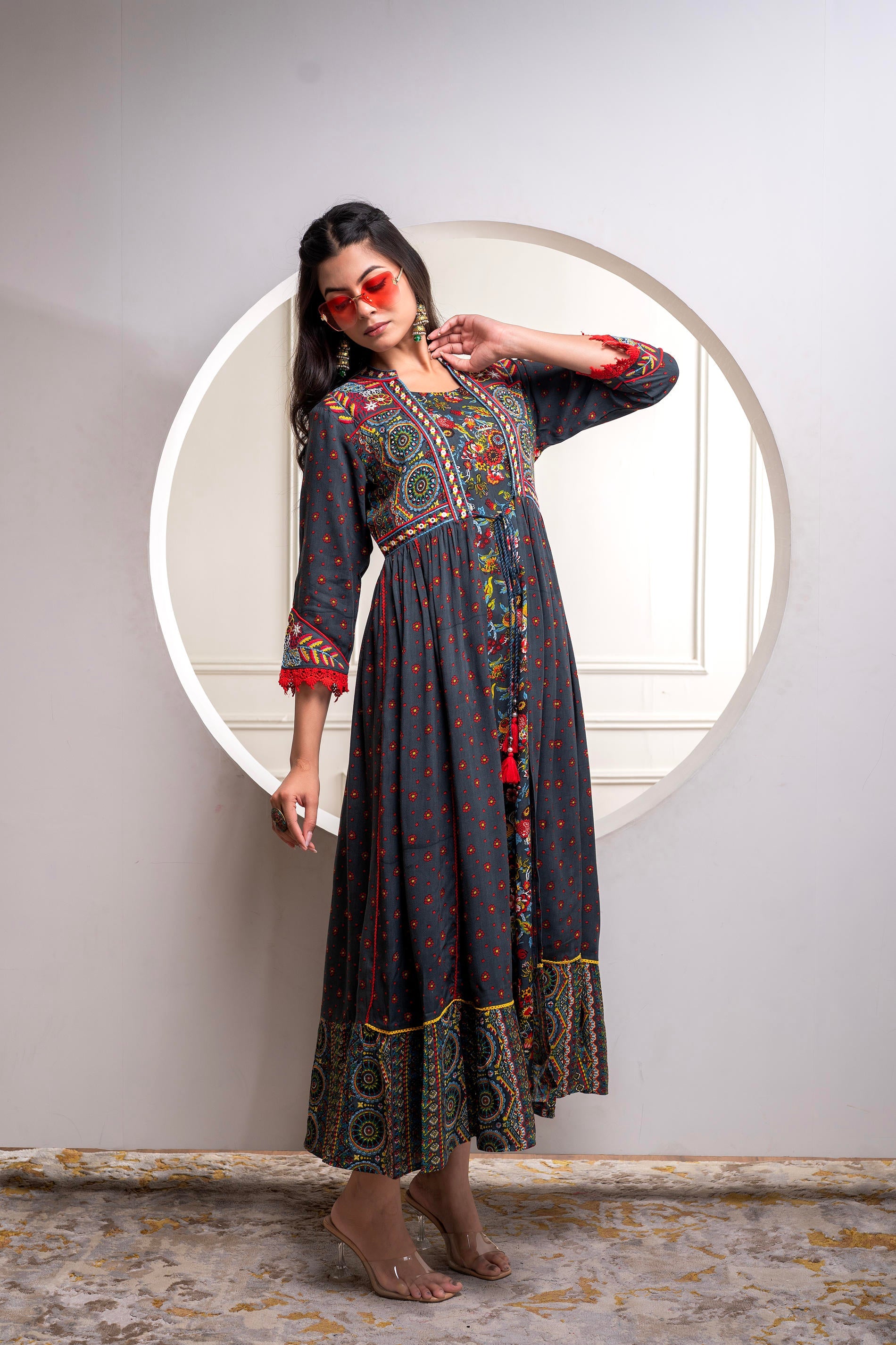 Viscose Grey Embroidered Longdress and Shrug Set with Thared, Mirror Work & Beads