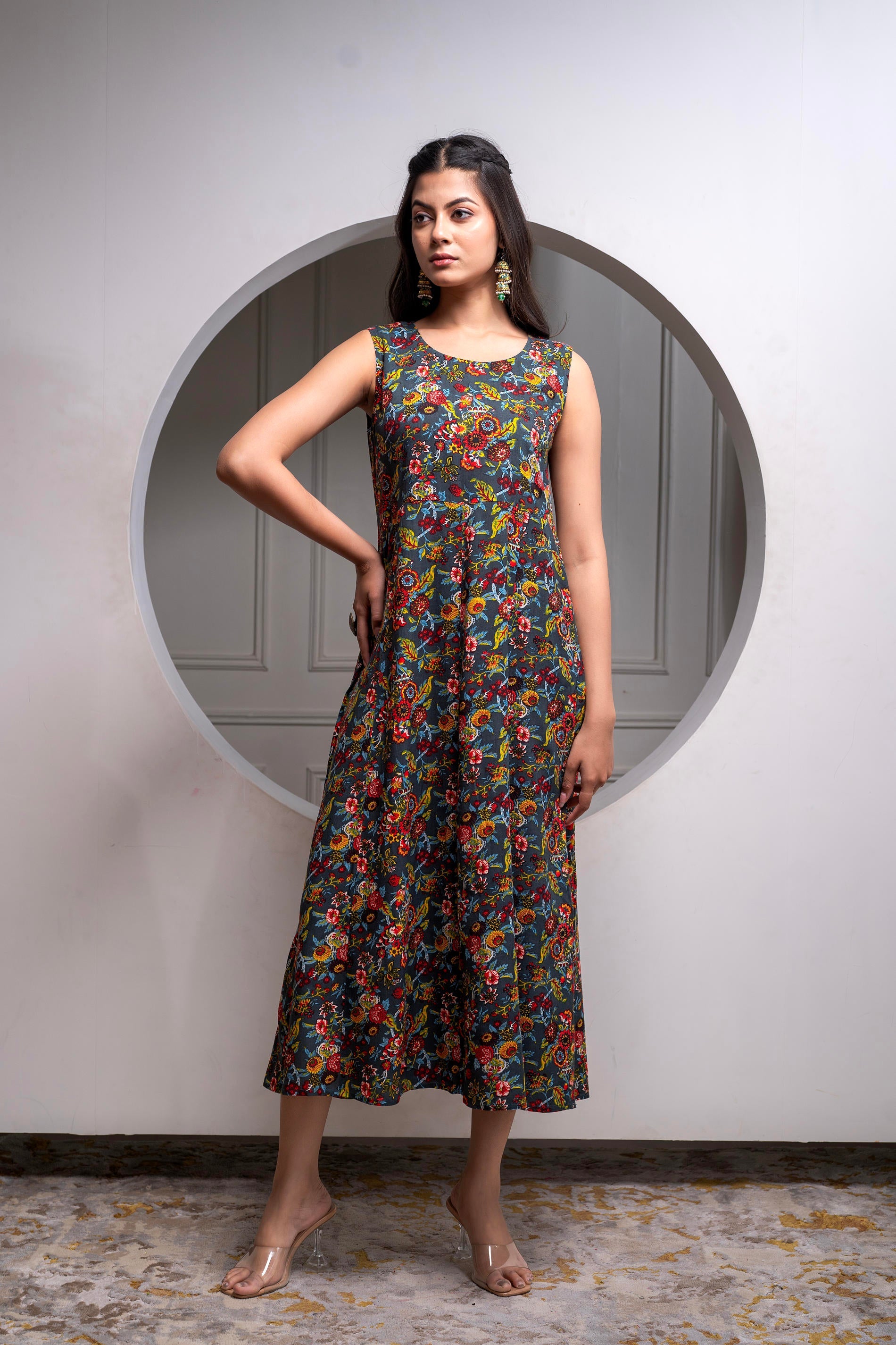 Viscose Grey Embroidered Longdress and Shrug Set with Thared, Mirror Work & Beads