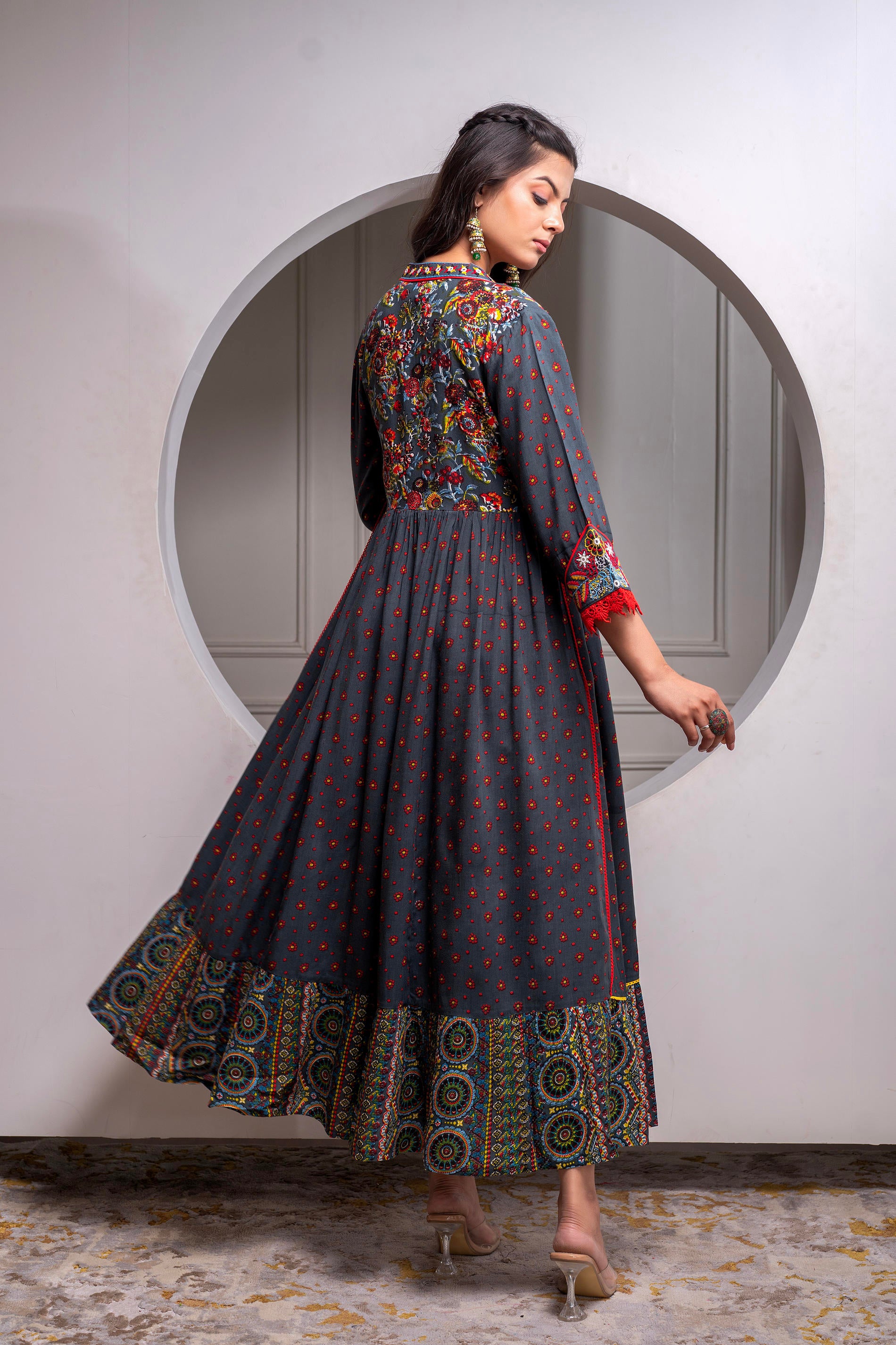 Viscose Grey Embroidered Longdress and Shrug Set with Thared, Mirror Work & Beads