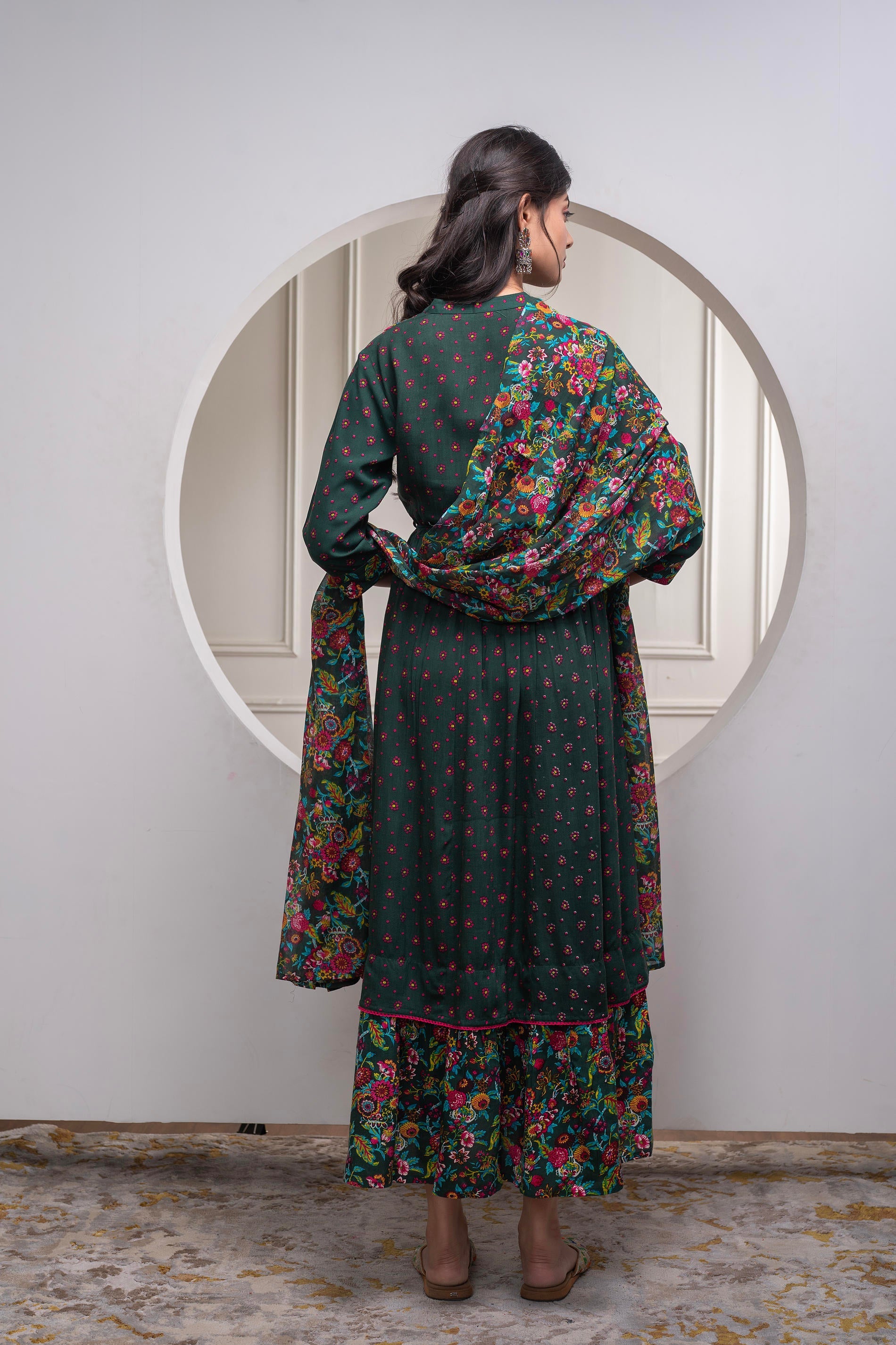 Bottlegreen Floral Viscose Longdress with Dupatta and Dori, Sequence & Lace Work