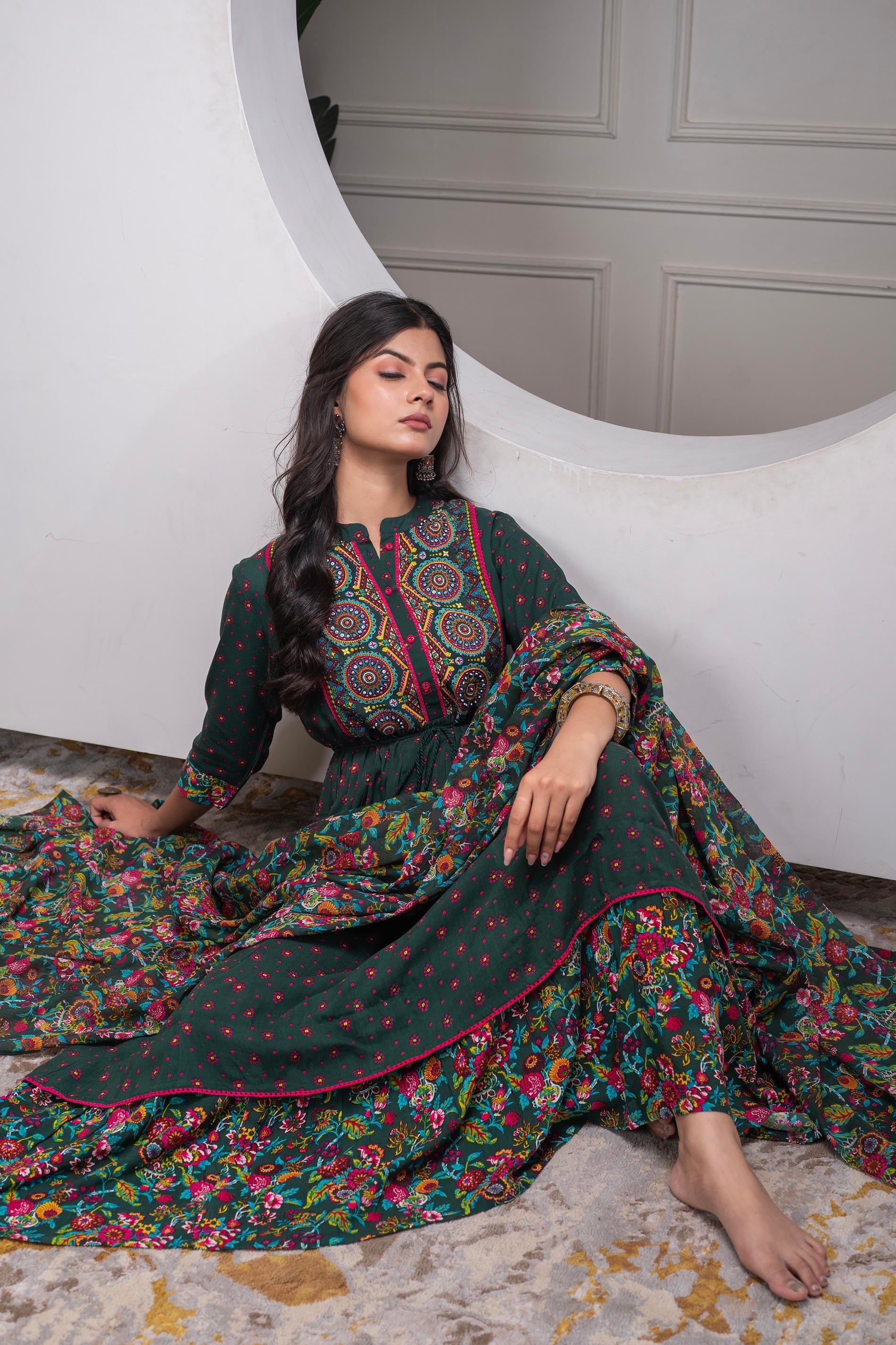 Bottlegreen Floral Viscose Longdress with Dupatta and Dori, Sequence & Lace Work