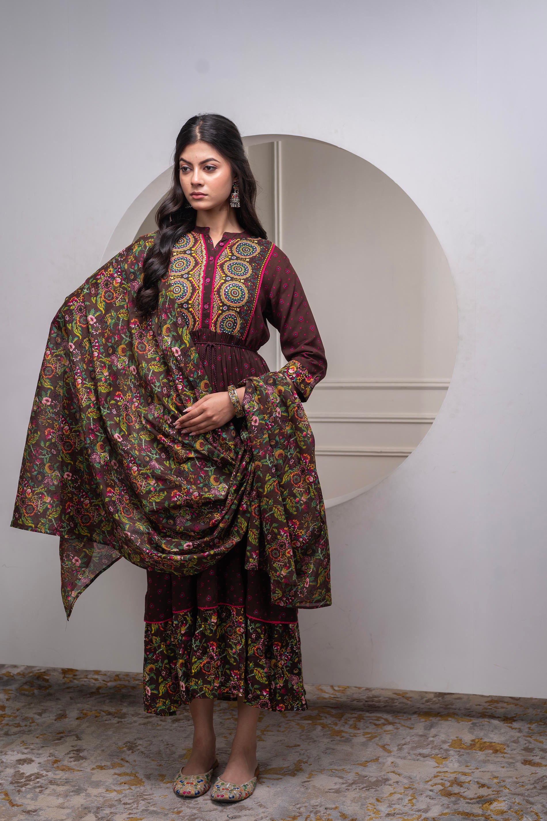 Brown Floral Viscose Longdress with Dupatta and Dori, Sequence & Lace Work