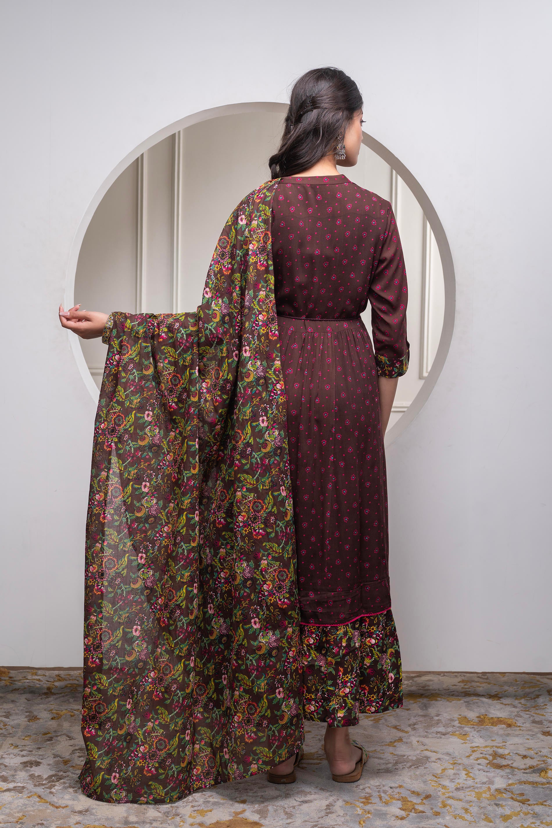 Brown Floral Viscose Longdress with Dupatta and Dori, Sequence & Lace Work