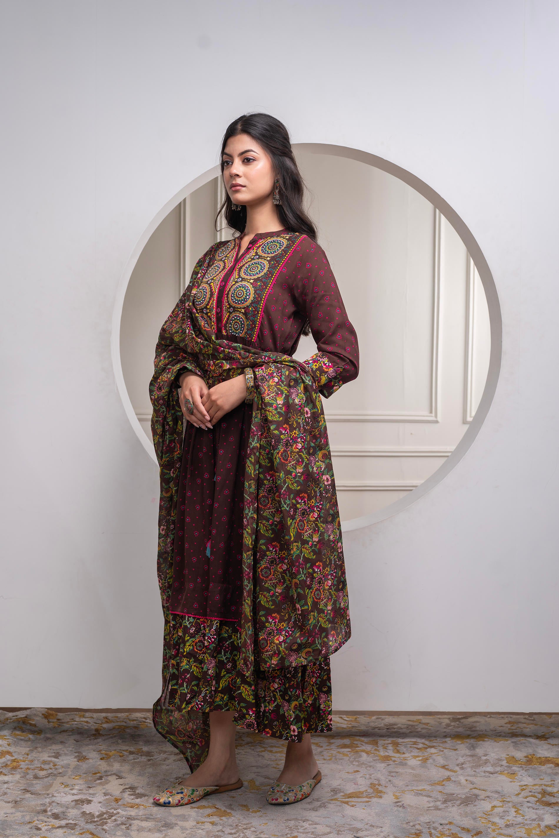 Brown Floral Viscose Longdress with Dupatta and Dori, Sequence & Lace Work