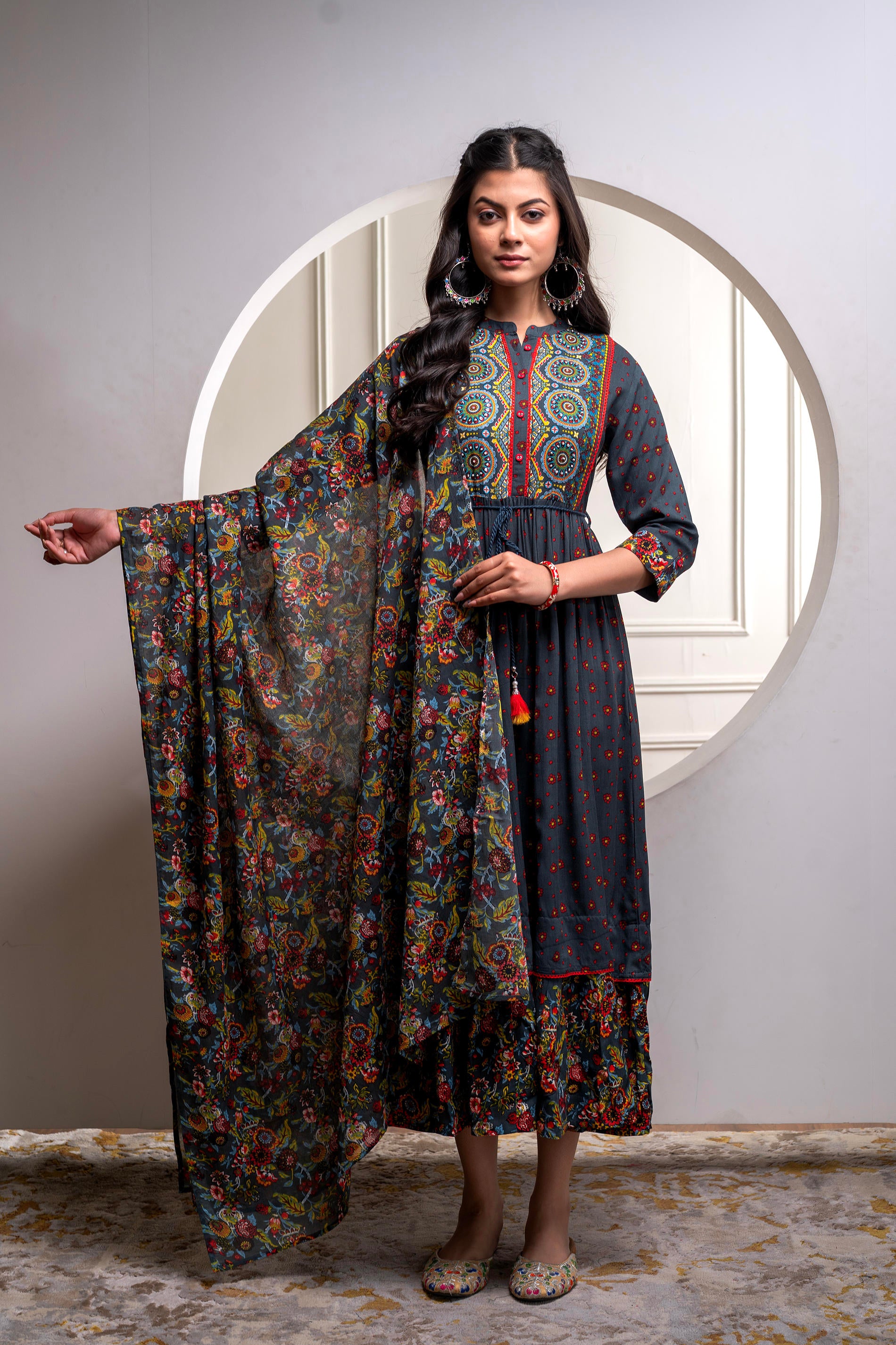 Grey Floral Viscose Longdress with Dupatta and Dori, Sequence & Lace Work