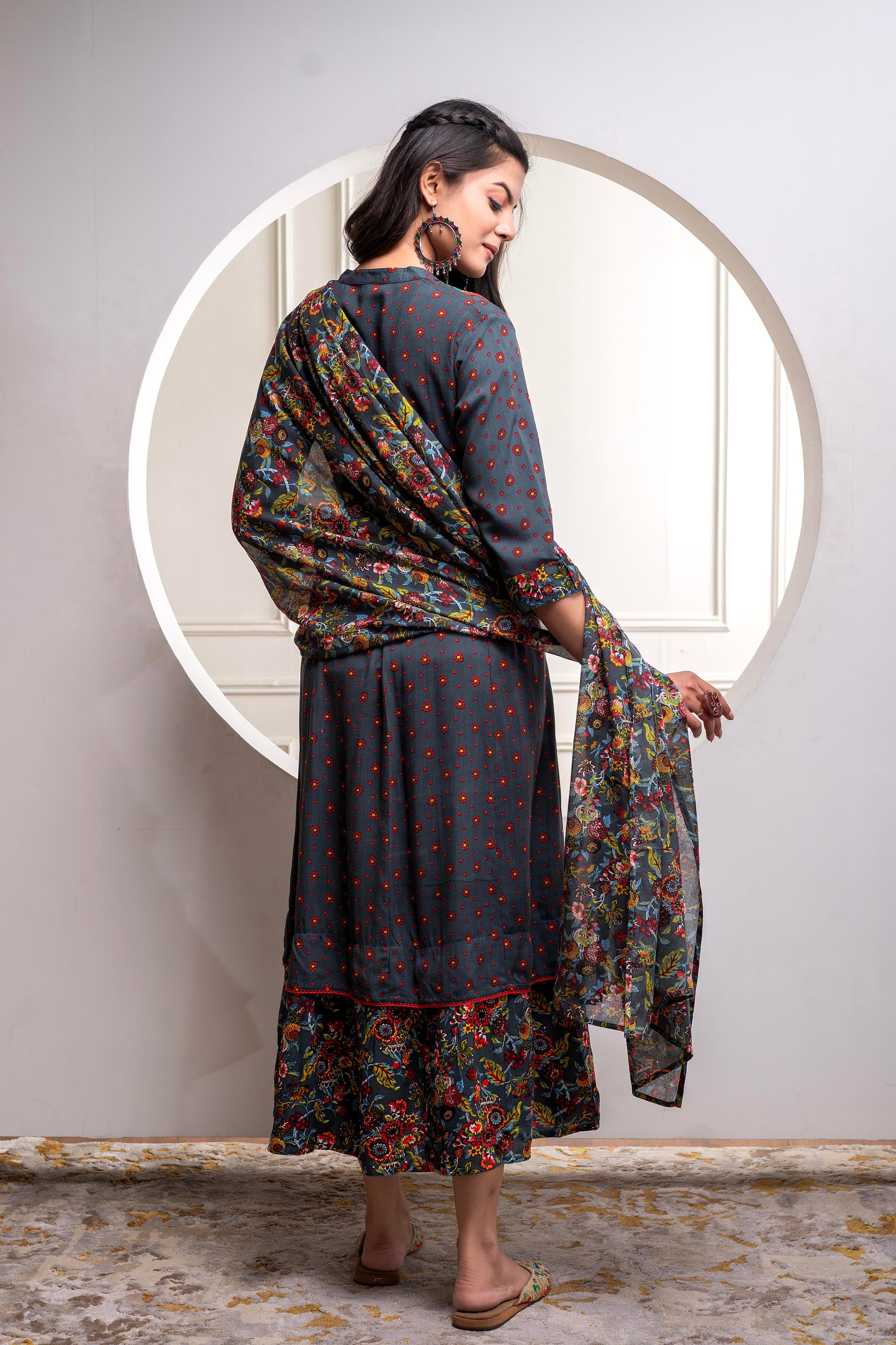 Grey Floral Viscose Longdress with Dupatta and Dori, Sequence & Lace Work