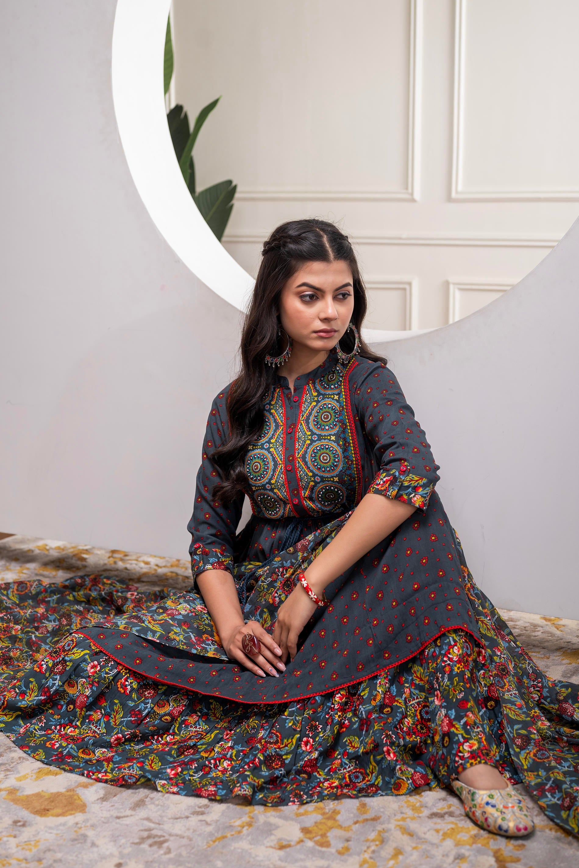 Grey Floral Viscose Longdress with Dupatta and Dori, Sequence & Lace Work