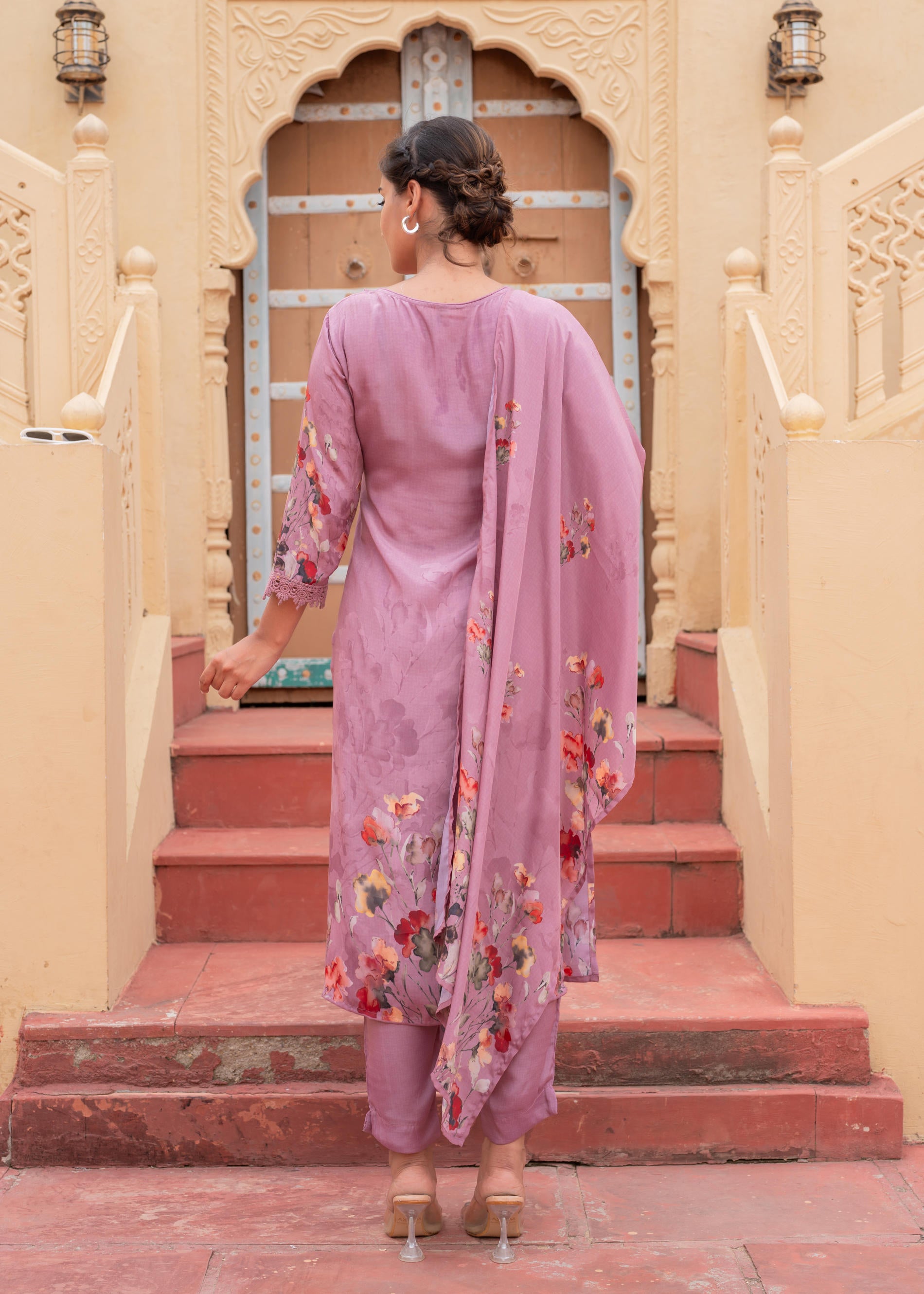 Mauve Manmade Fiber Floral Printed Kurta With Pants & Dupatta Set With Lace Work
