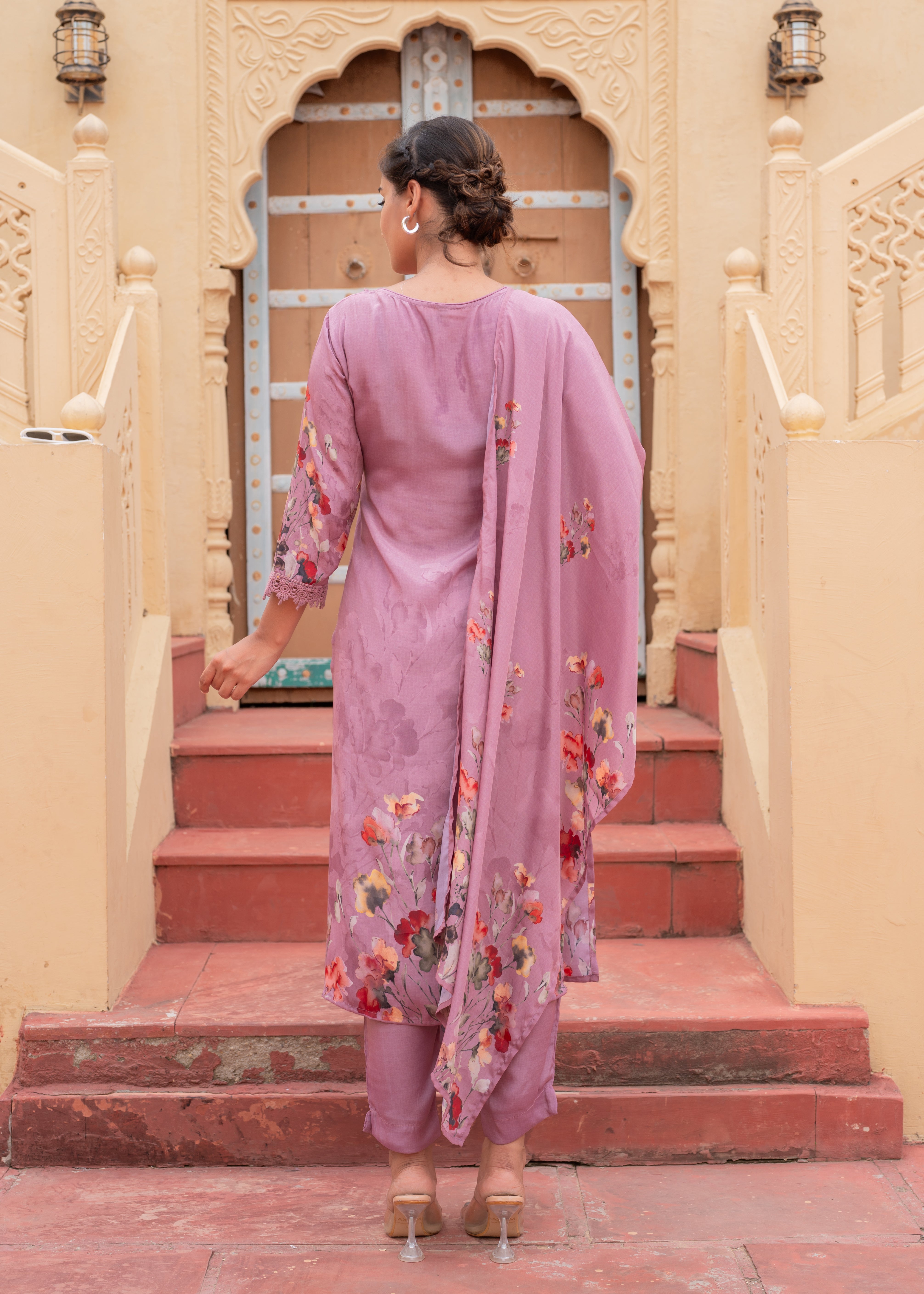 Mauve Manmade Fiber Floral Printed Kurta With Pants & Dupatta Set With Lace Work