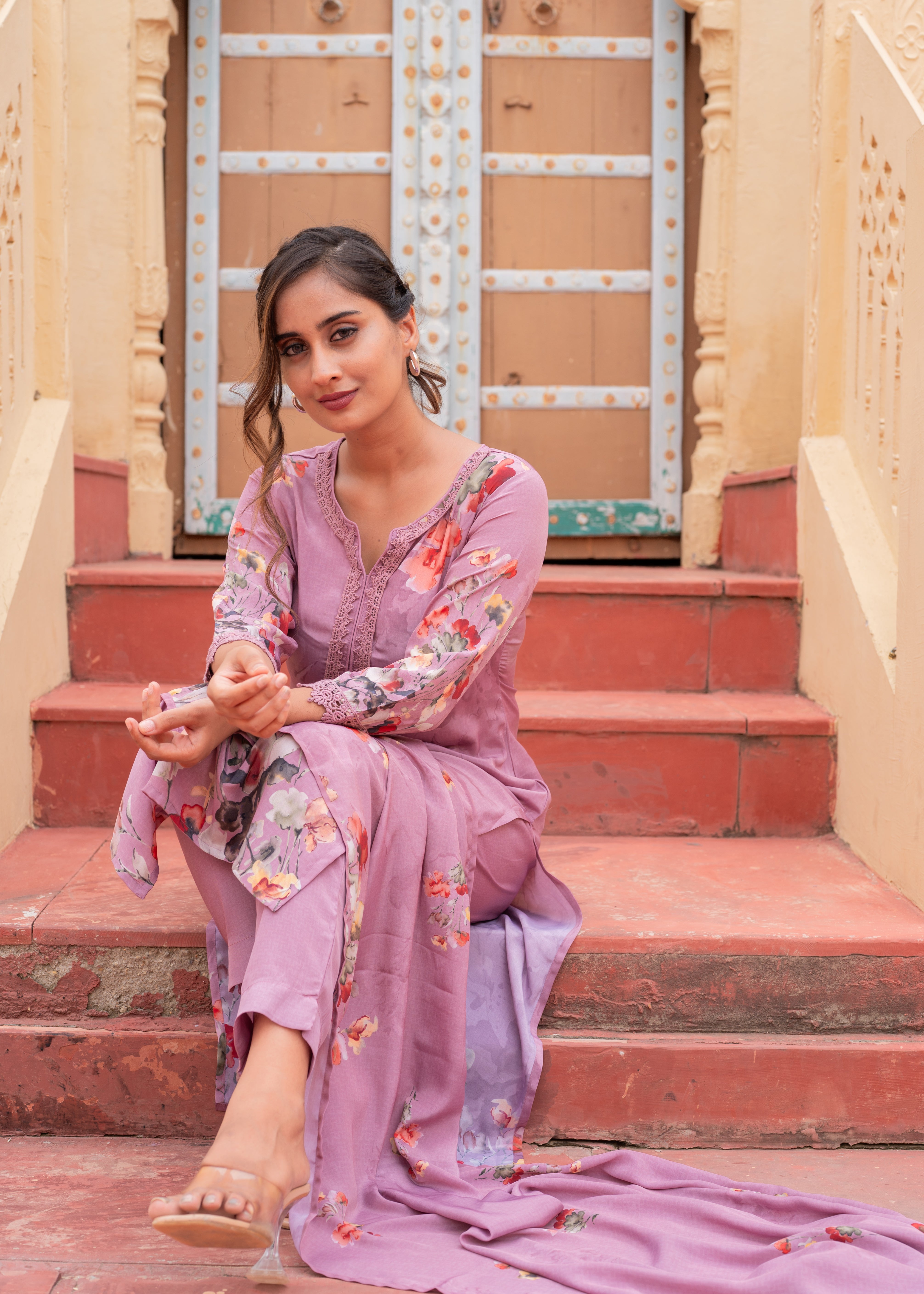 Mauve Manmade Fiber Floral Printed Kurta With Pants & Dupatta Set With Lace Work