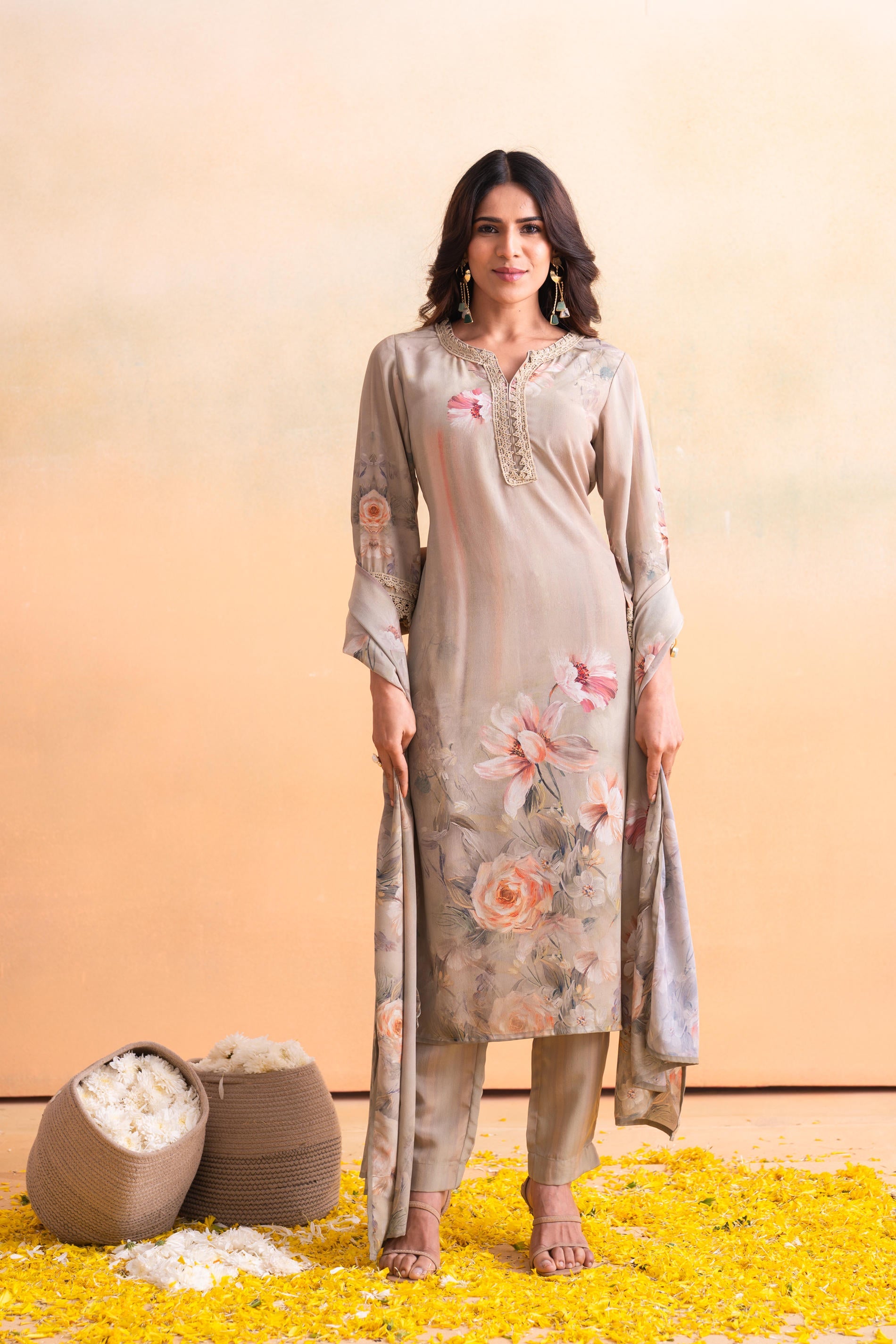 Beige Floral Embellished A-Line Kurta Pant and Dupatta Set with Beads & Sequence Work