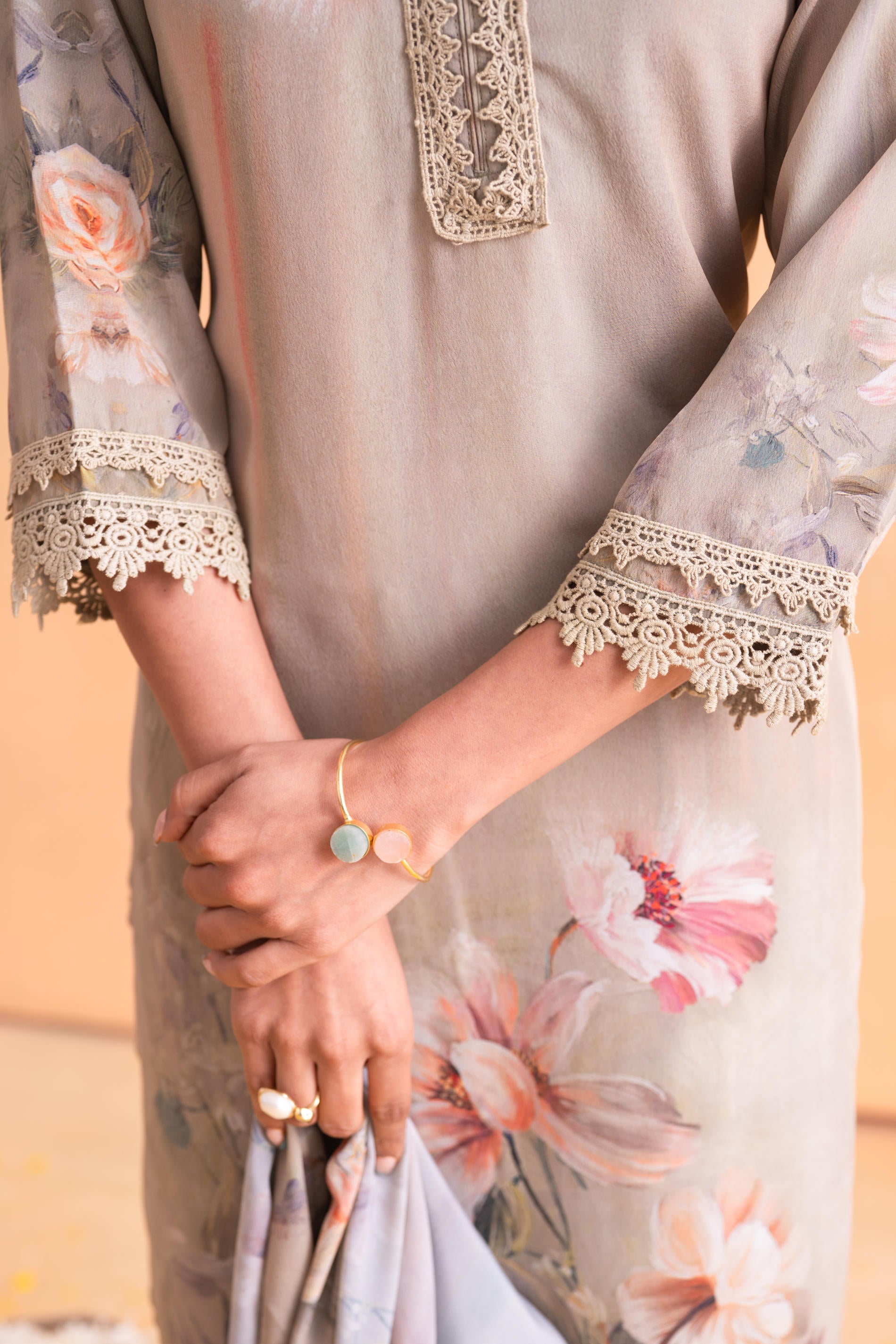 Beige Floral Embellished A-Line Kurta Pant and Dupatta Set with Beads & Sequence Work