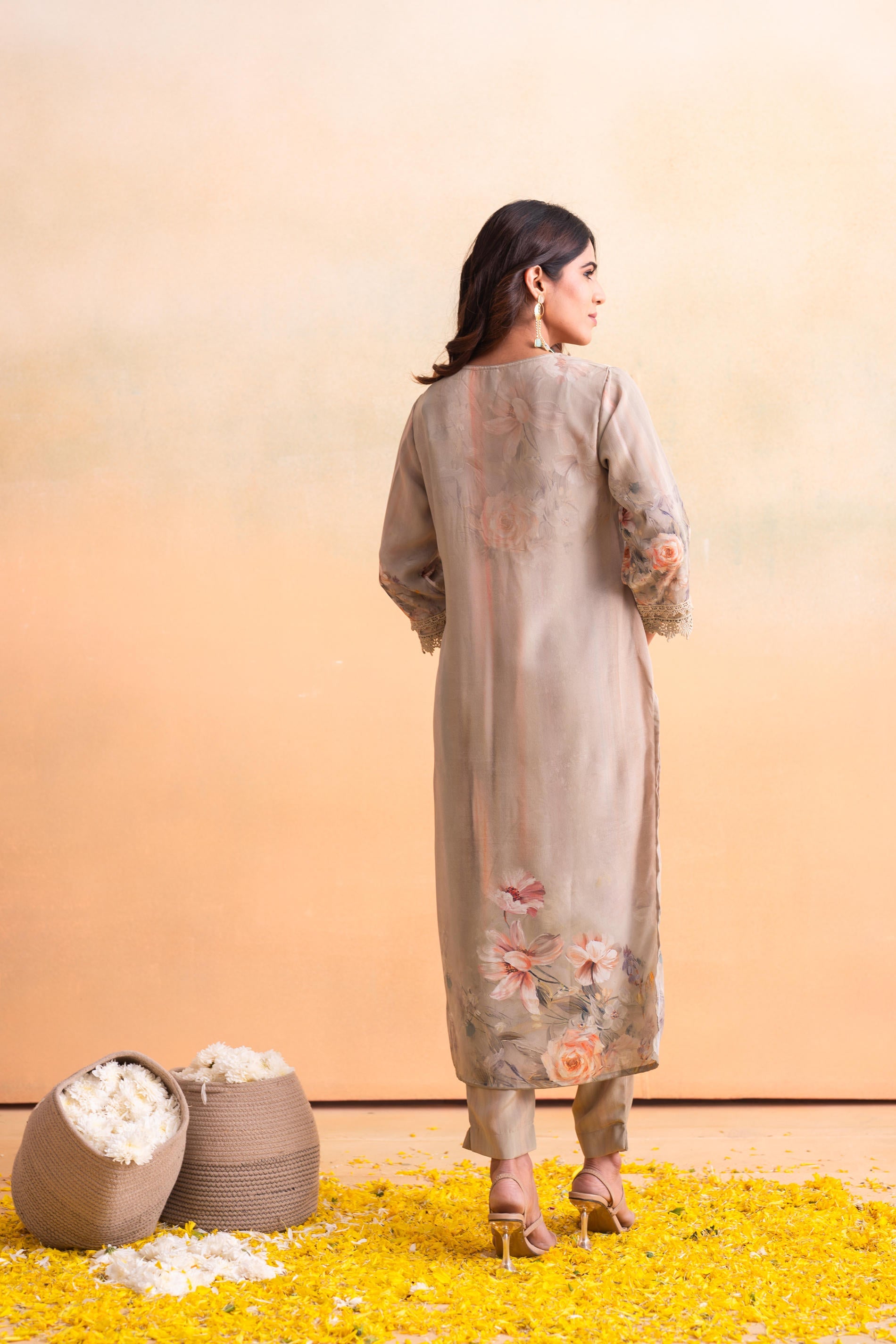 Beige Floral Embellished A-Line Kurta Pant and Dupatta Set with Beads & Sequence Work