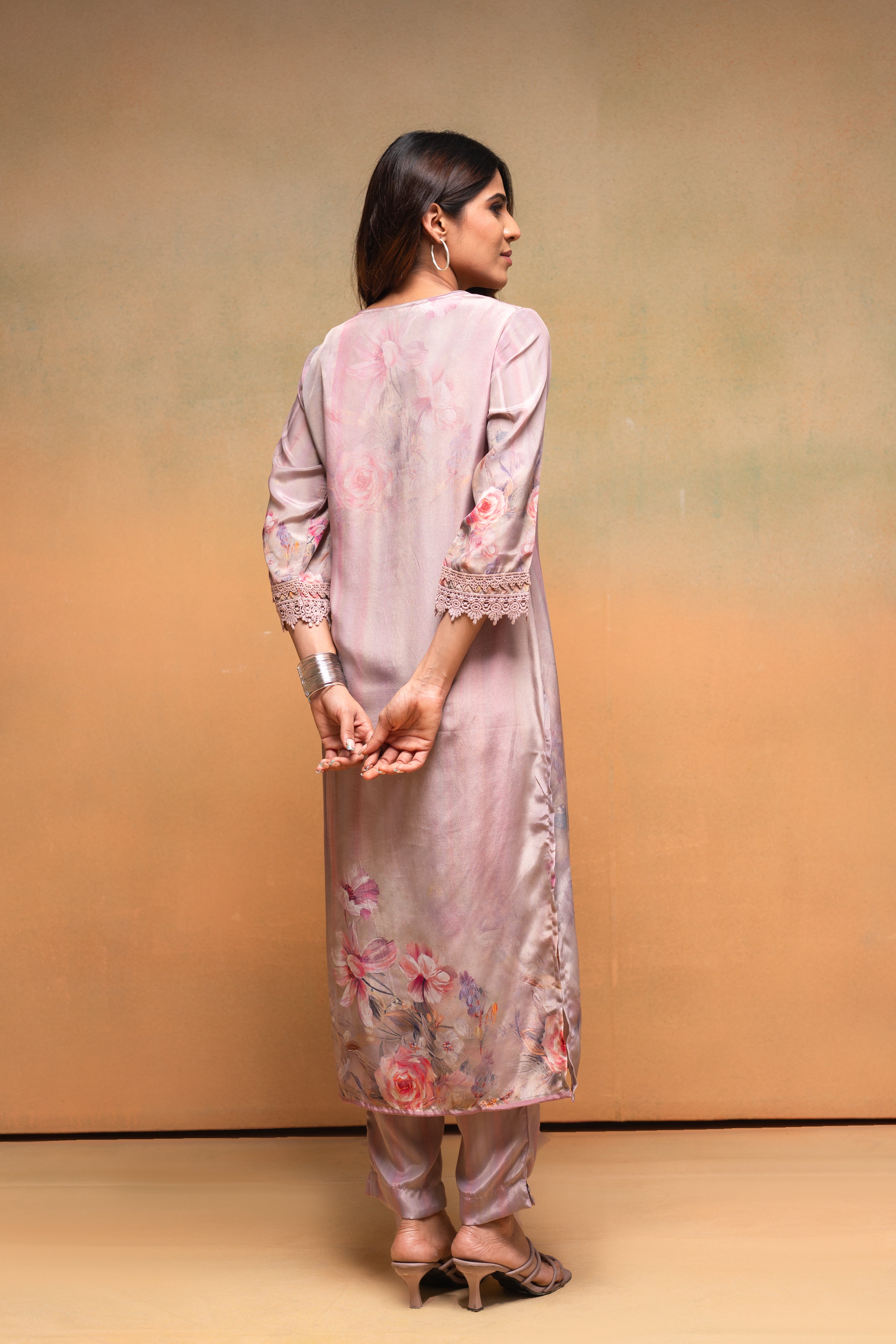 Pink Floral Embellished A-Line Kurta Pant and Dupatta Set with Beads & Sequence Work