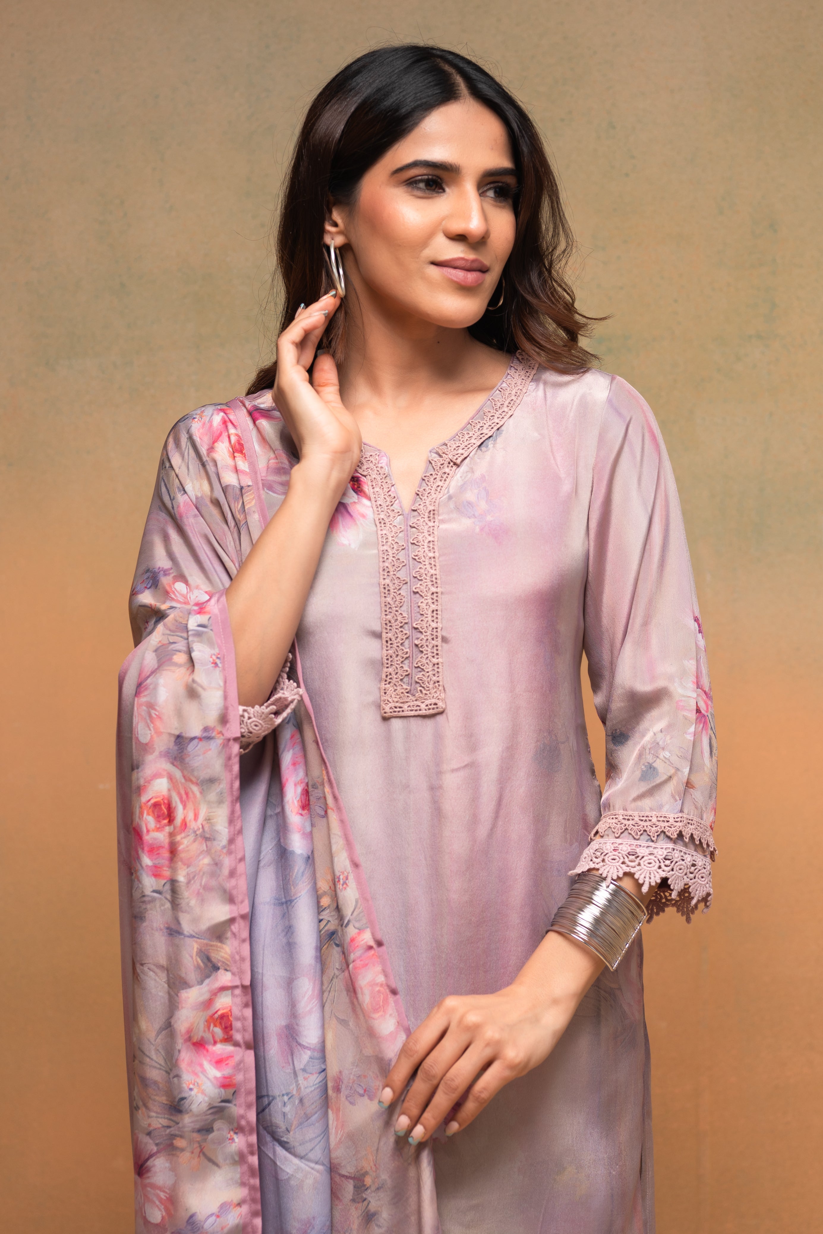 Pink Floral Embellished A-Line Kurta Pant and Dupatta Set with Beads & Sequence Work