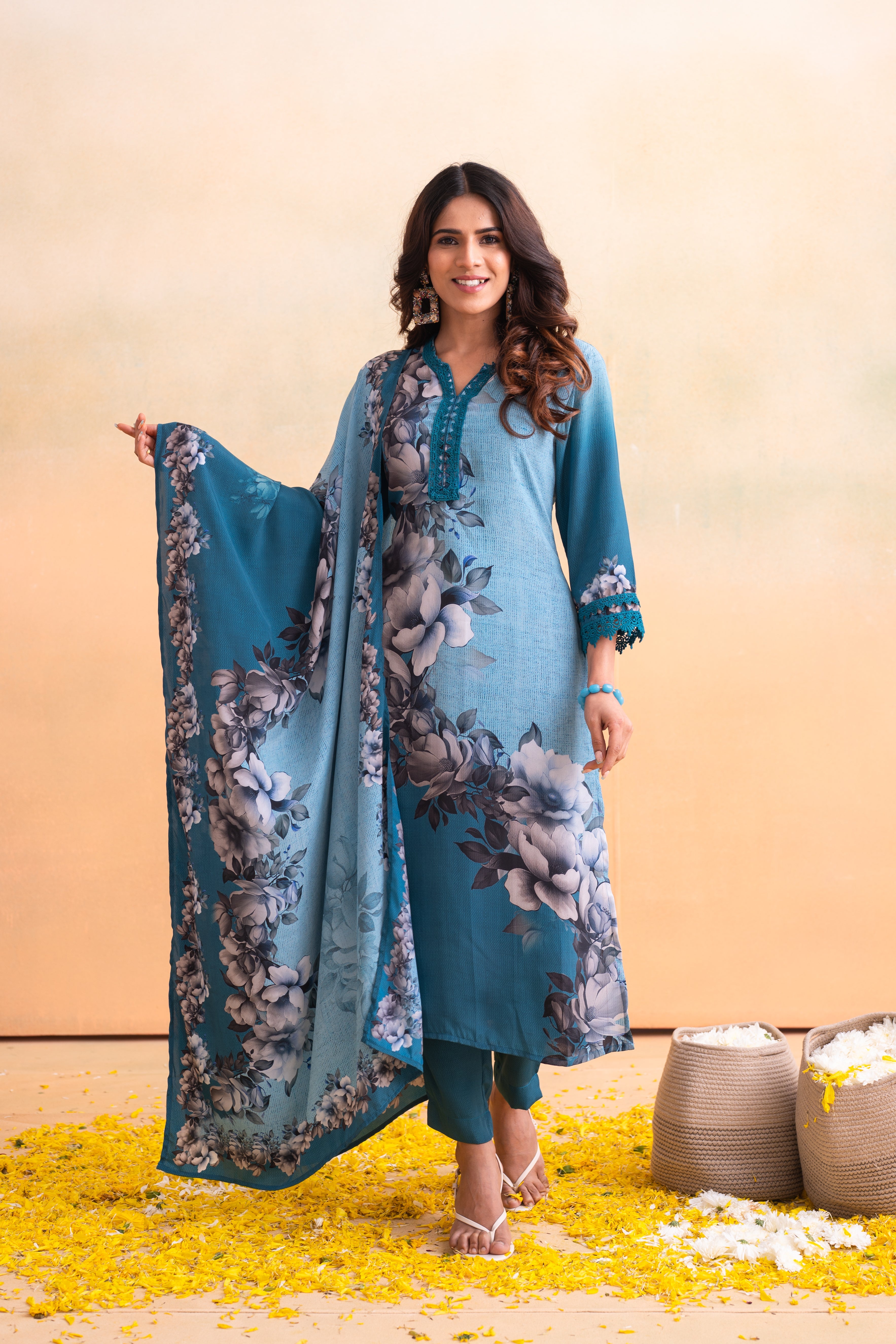 Blue Manmade Fiber Floral Printed Kurta With Pants & Dupatta Set With Lace Work