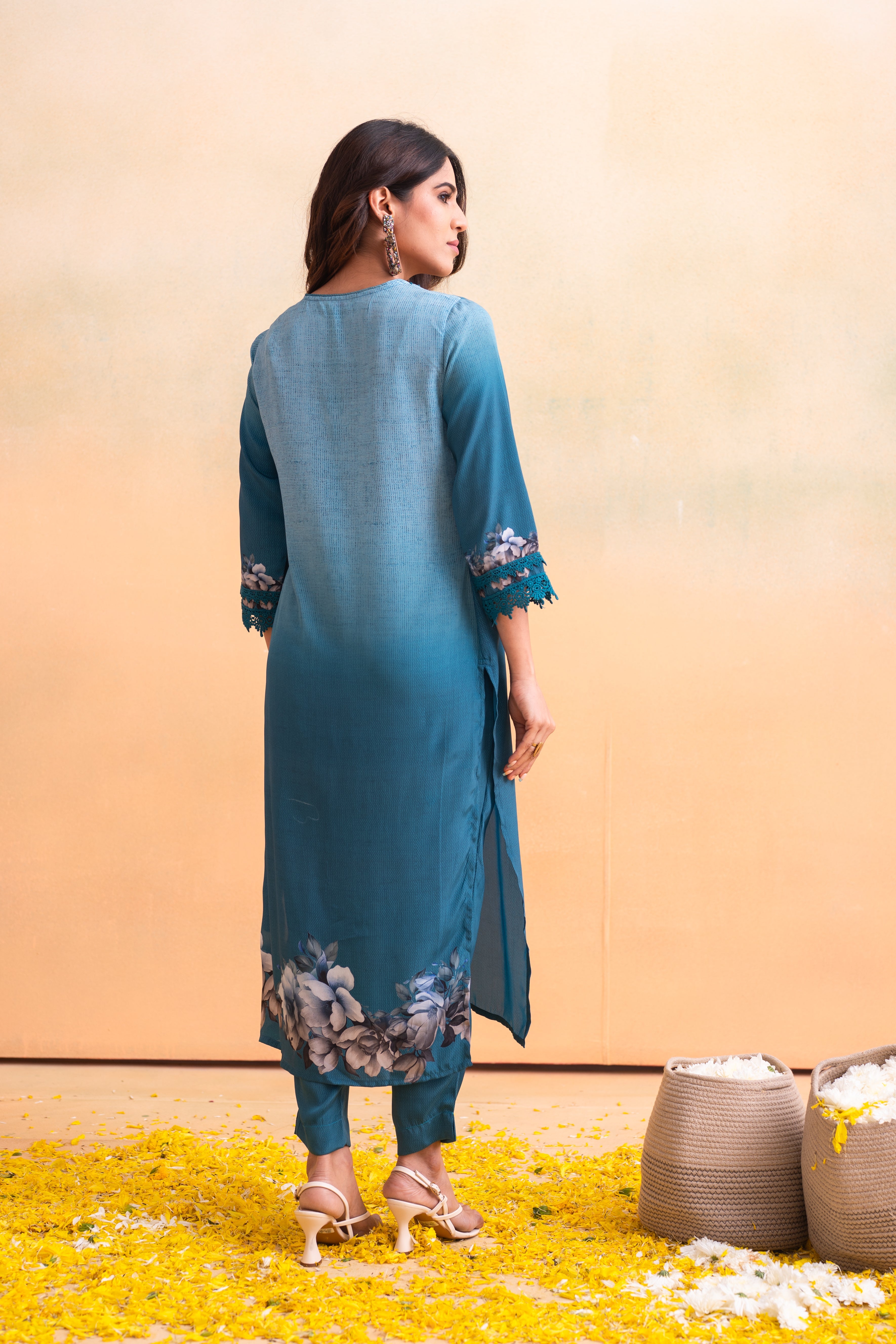 Blue Manmade Fiber Floral Printed Kurta With Pants & Dupatta Set With Lace Work