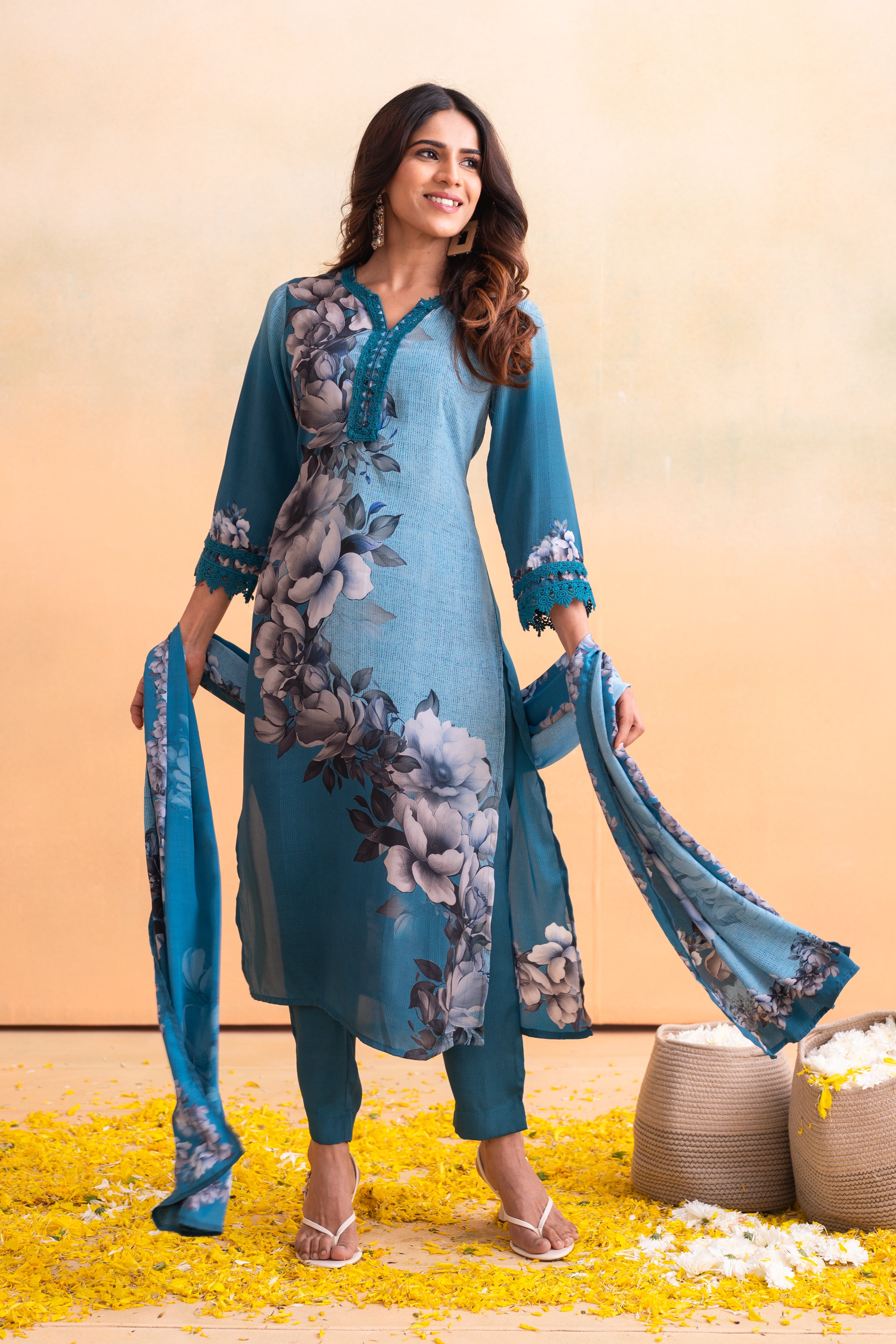 Blue Manmade Fiber Floral Printed Kurta With Pants & Dupatta Set With Lace Work