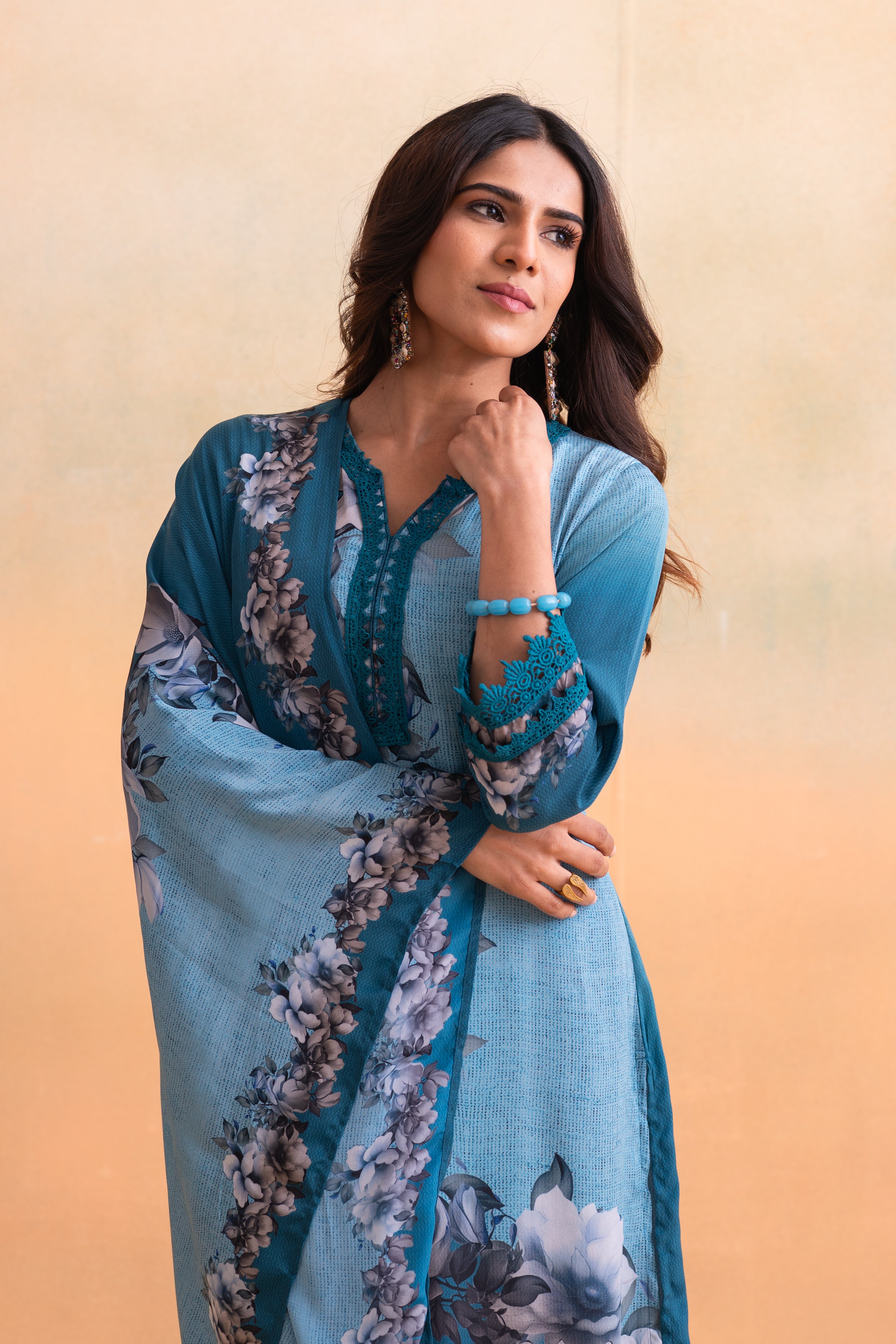 Blue Manmade Fiber Floral Printed Kurta With Pants & Dupatta Set With Lace Work