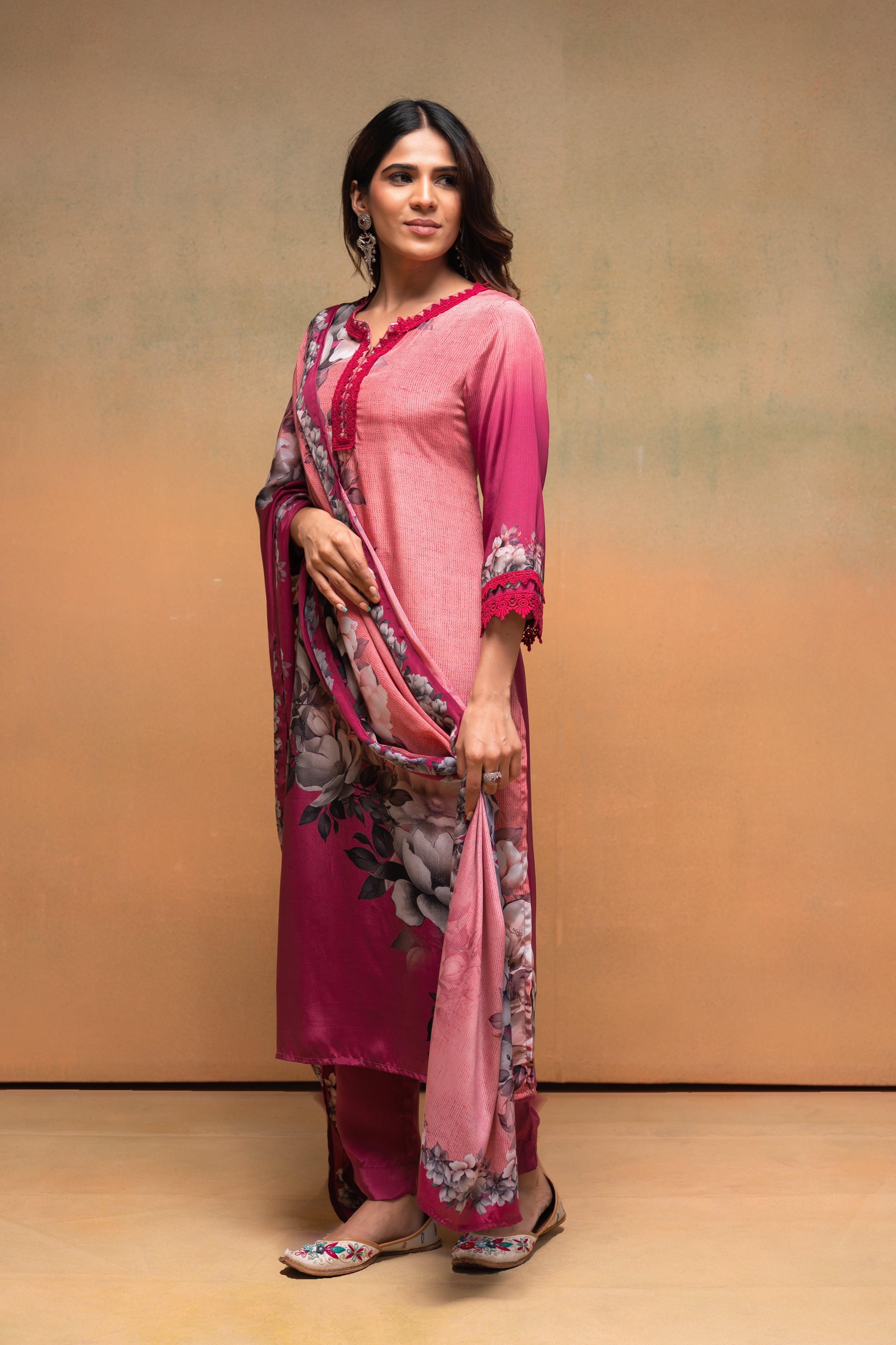 Magenta Manmade Fiber Floral Printed Kurta With Pants & Dupatta Set With Lace Work