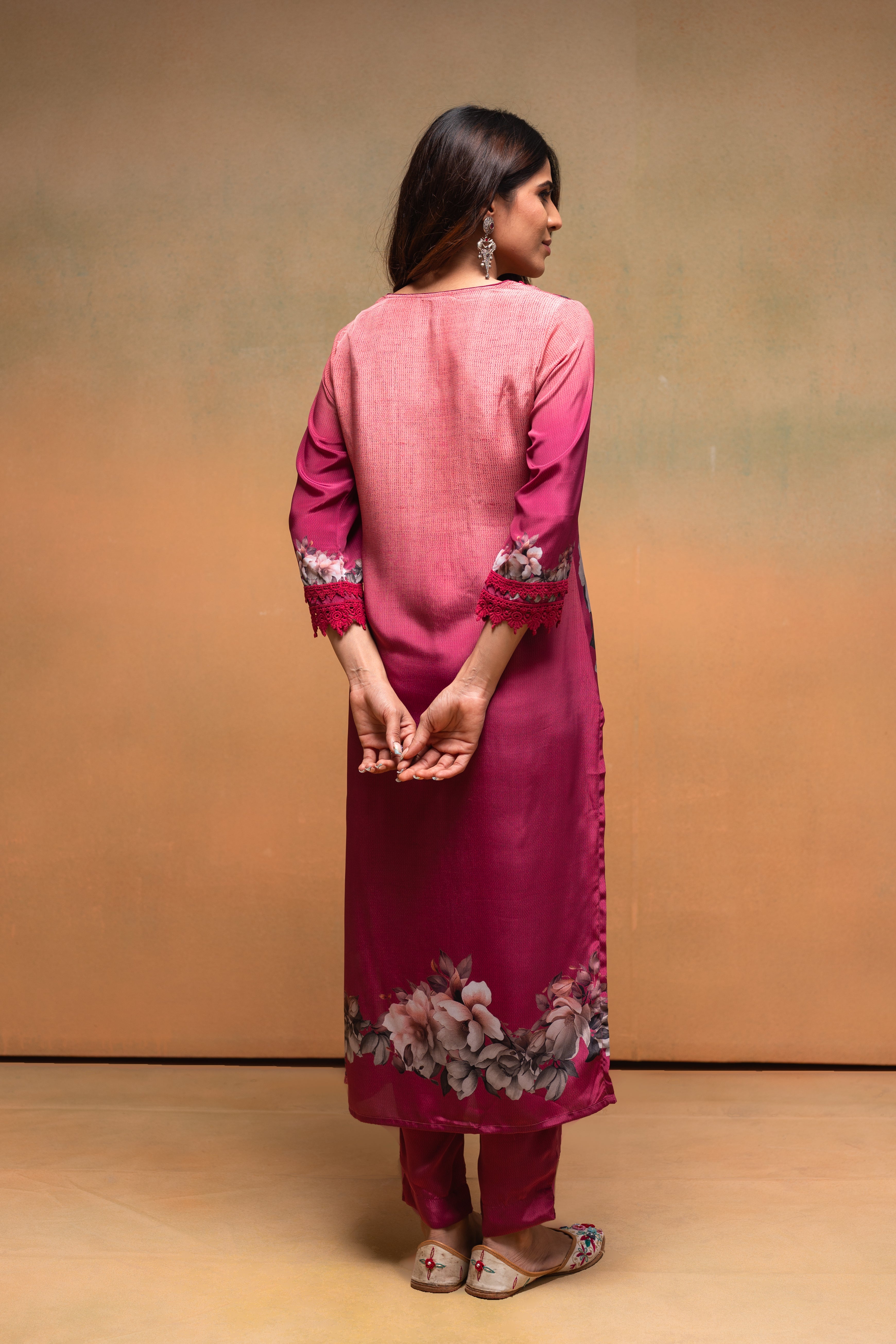Magenta Manmade Fiber Floral Printed Kurta With Pants & Dupatta Set With Lace Work