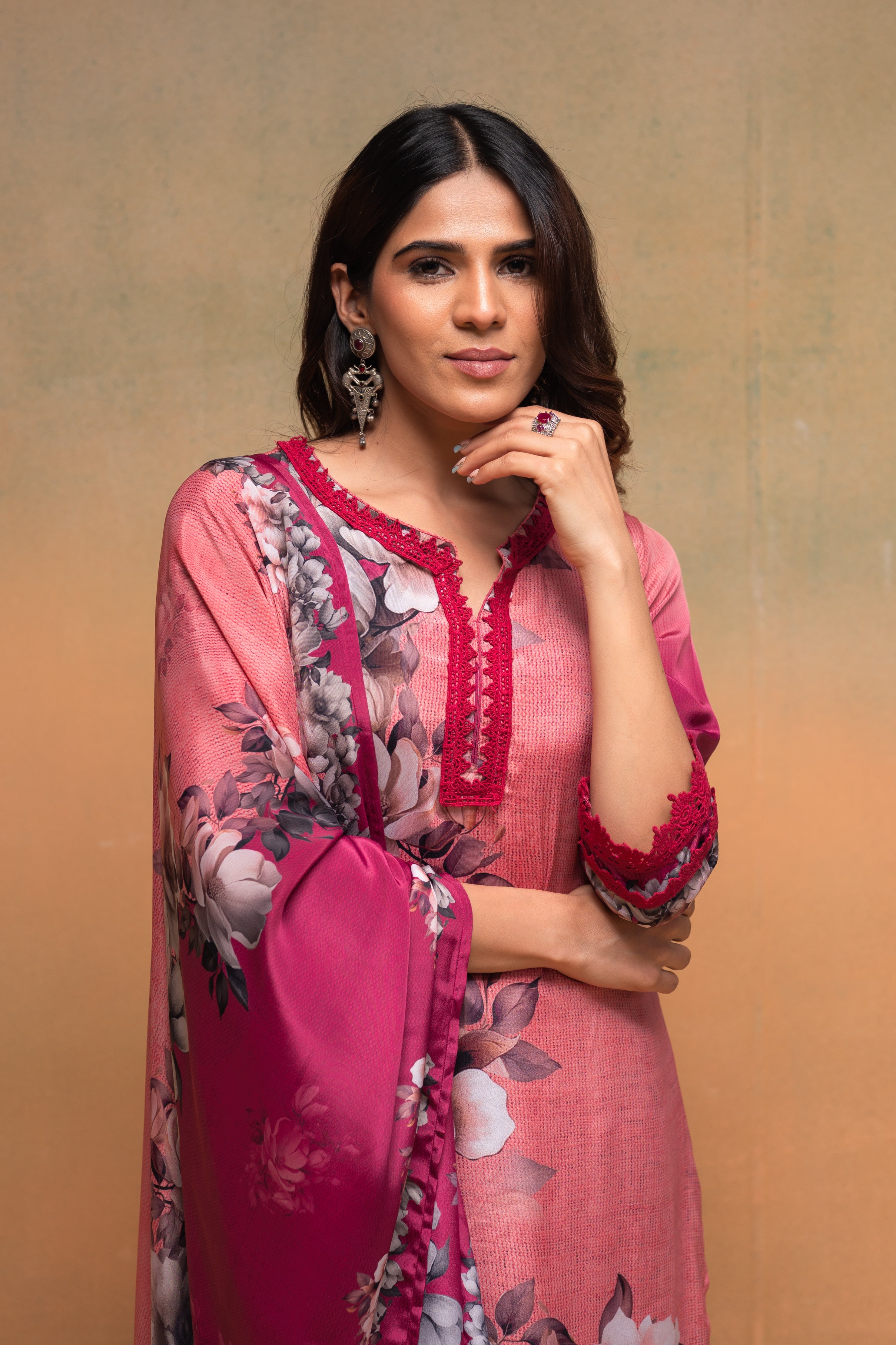 Magenta Manmade Fiber Floral Printed Kurta With Pants & Dupatta Set With Lace Work