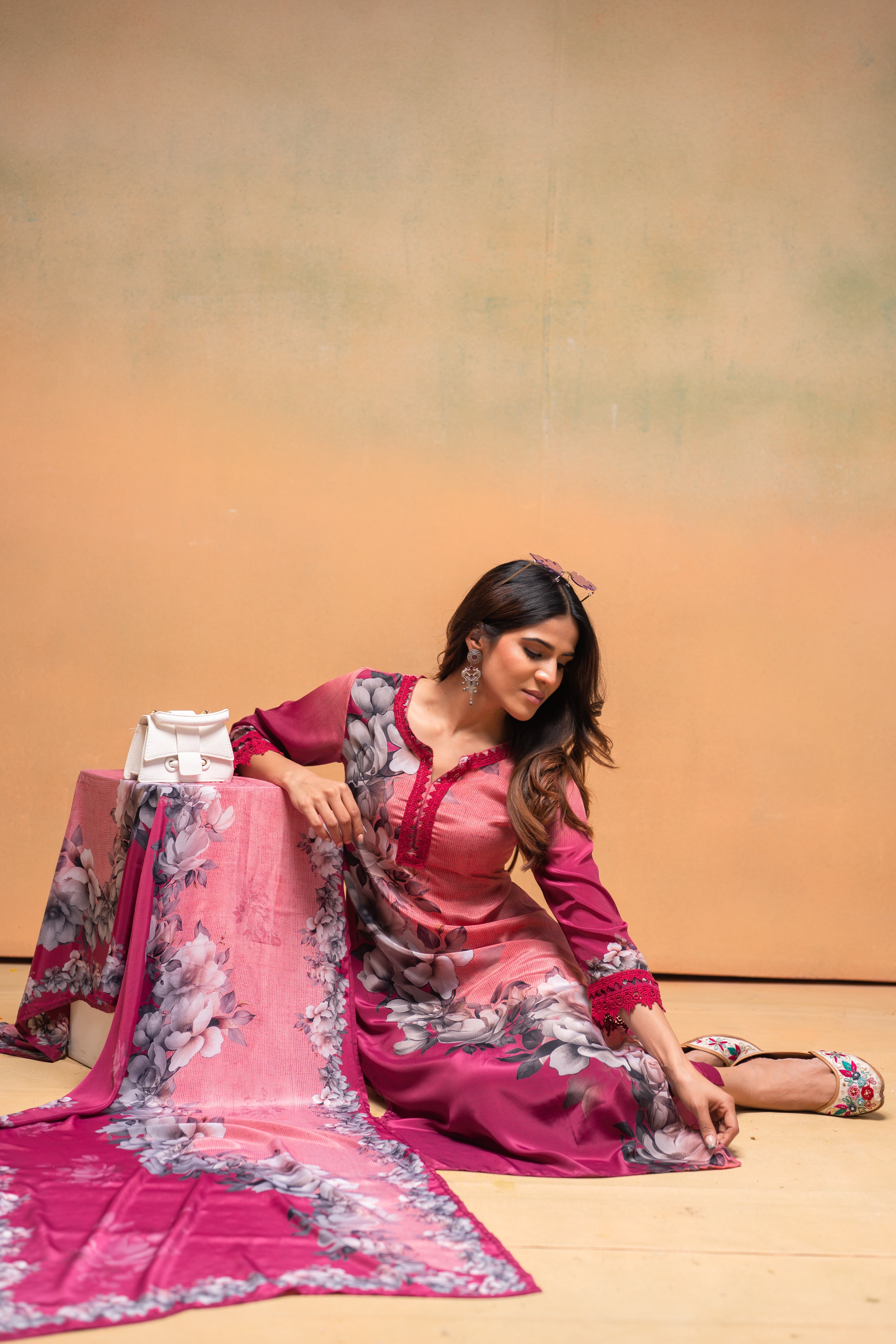 Magenta Manmade Fiber Floral Printed Kurta With Pants & Dupatta Set With Lace Work