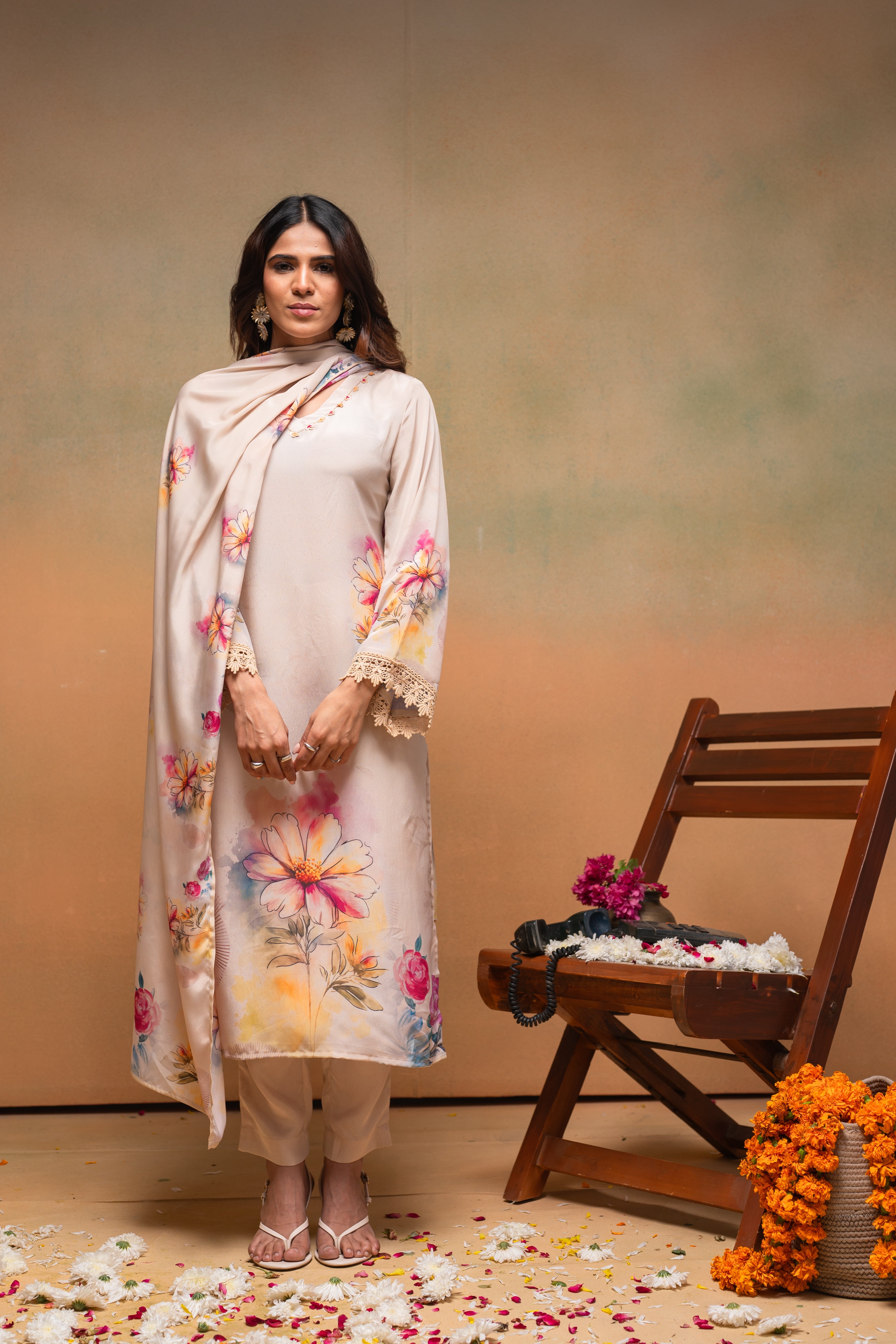 Beige Floral Printed Kurta With Pants & Dupatta