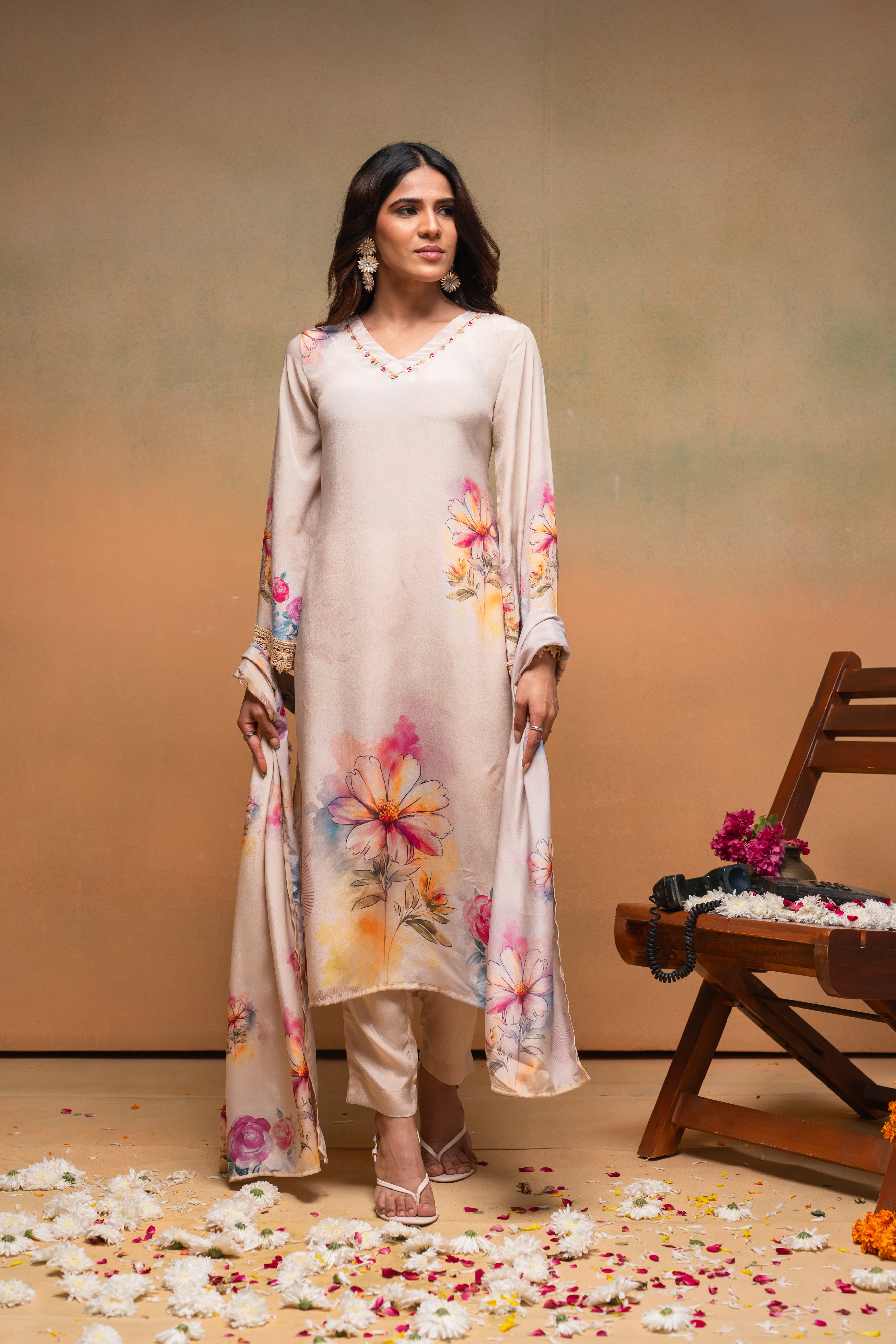 Beige Floral Printed Kurta With Pants & Dupatta
