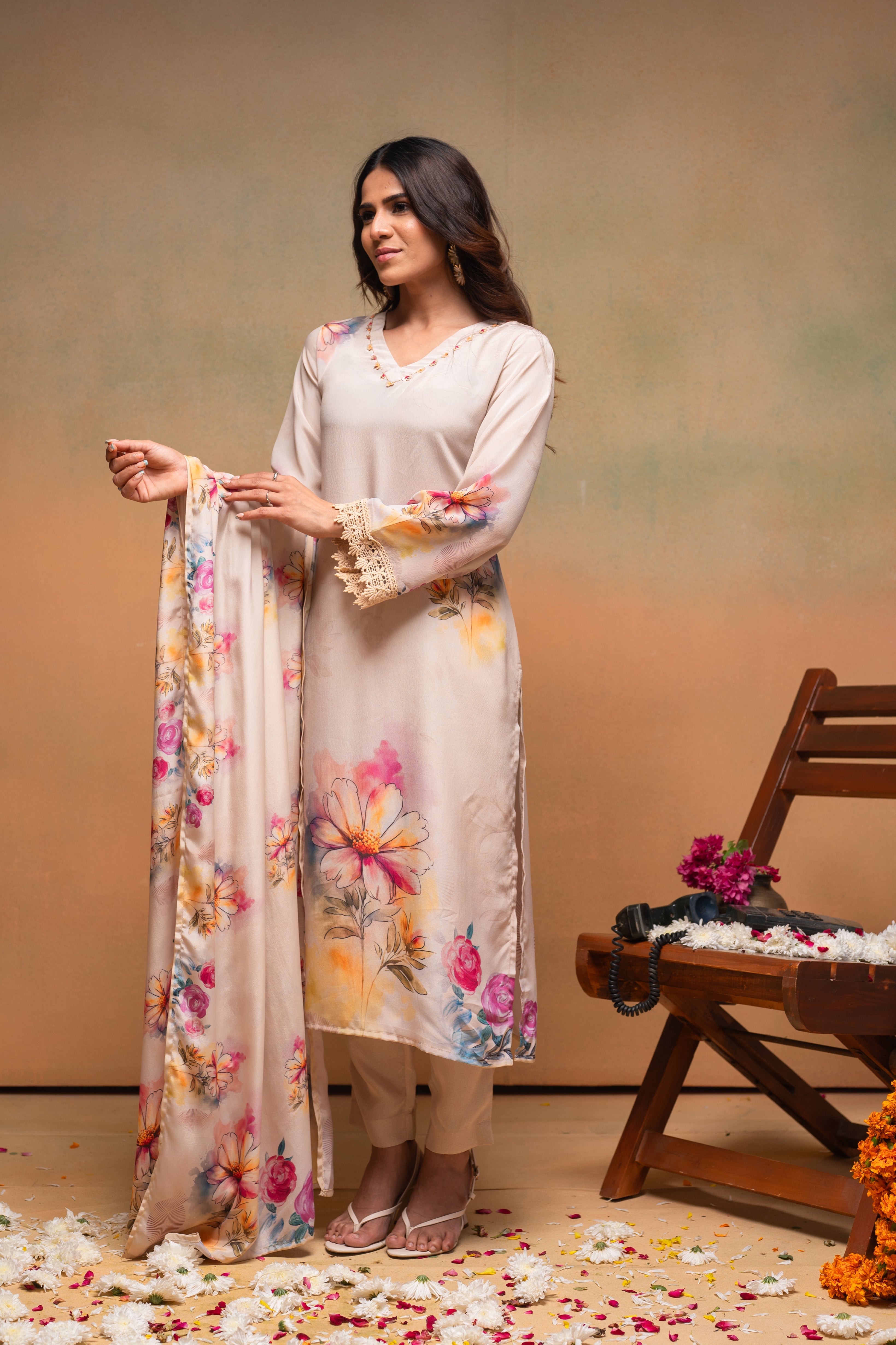 Beige Floral Printed Kurta With Pants & Dupatta