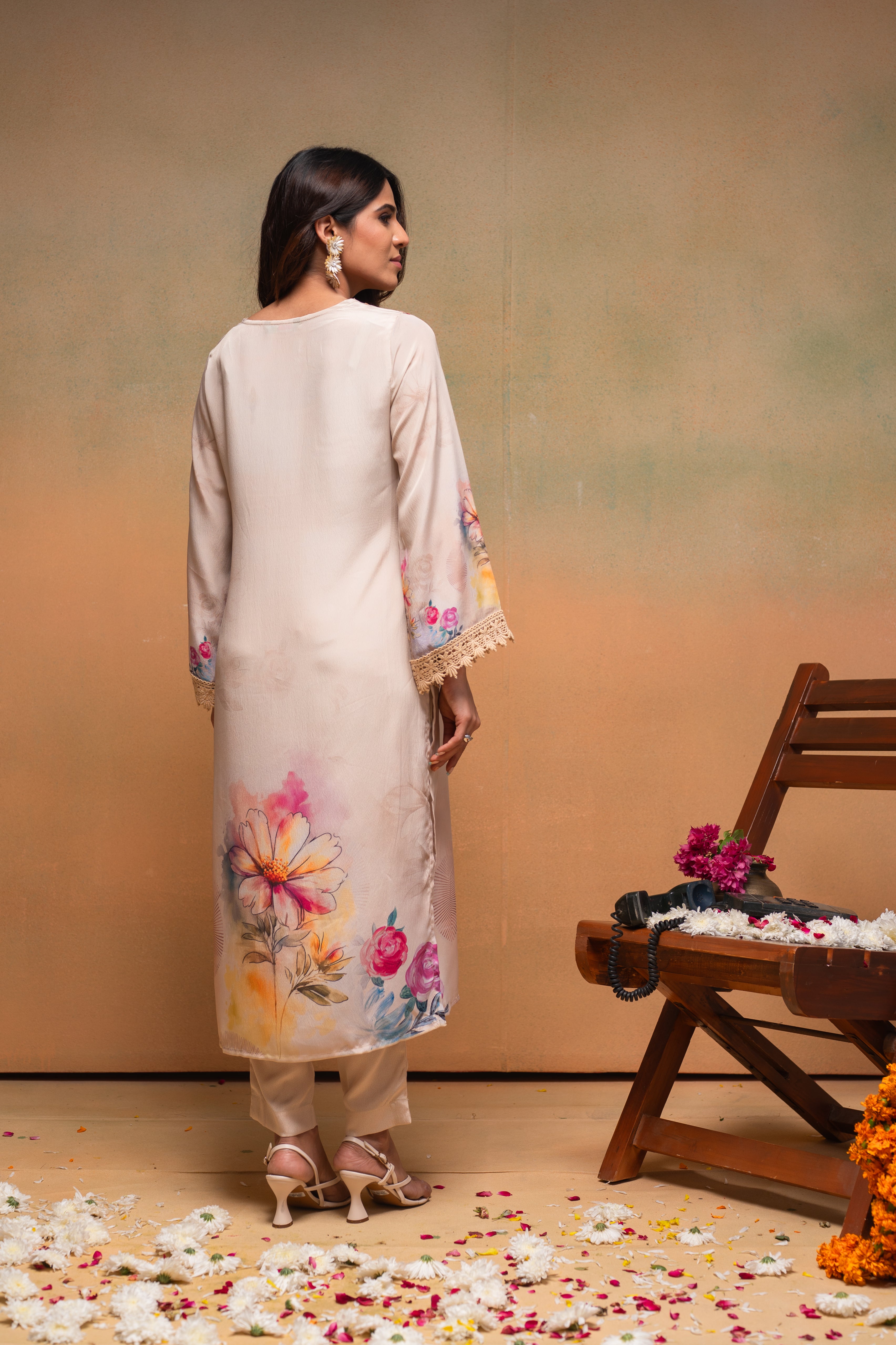 Beige Floral Printed Kurta With Pants & Dupatta