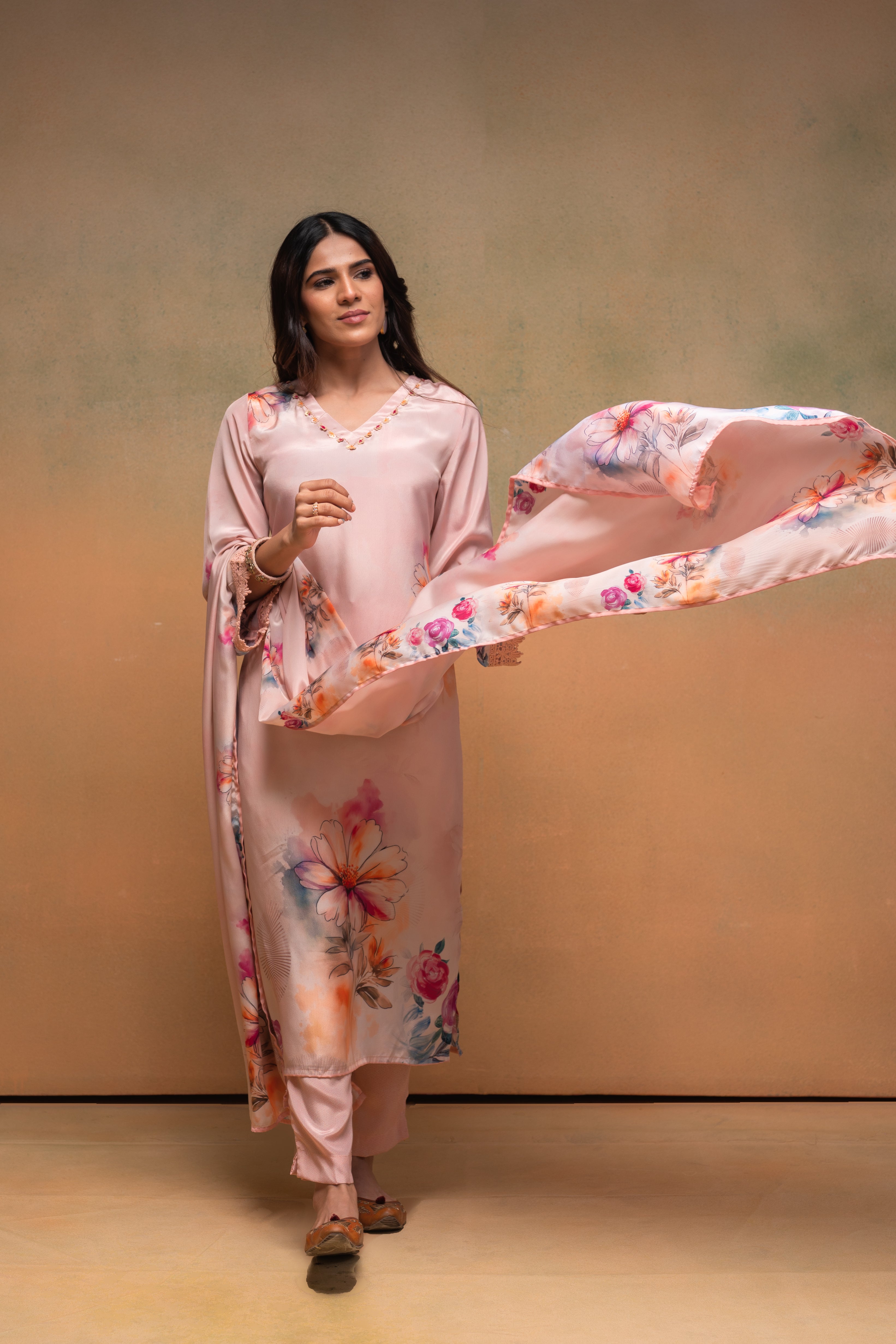 Peach Manmade Fiber Floral Printed Kurta With Pants & Dupatta Set With Sequence Work