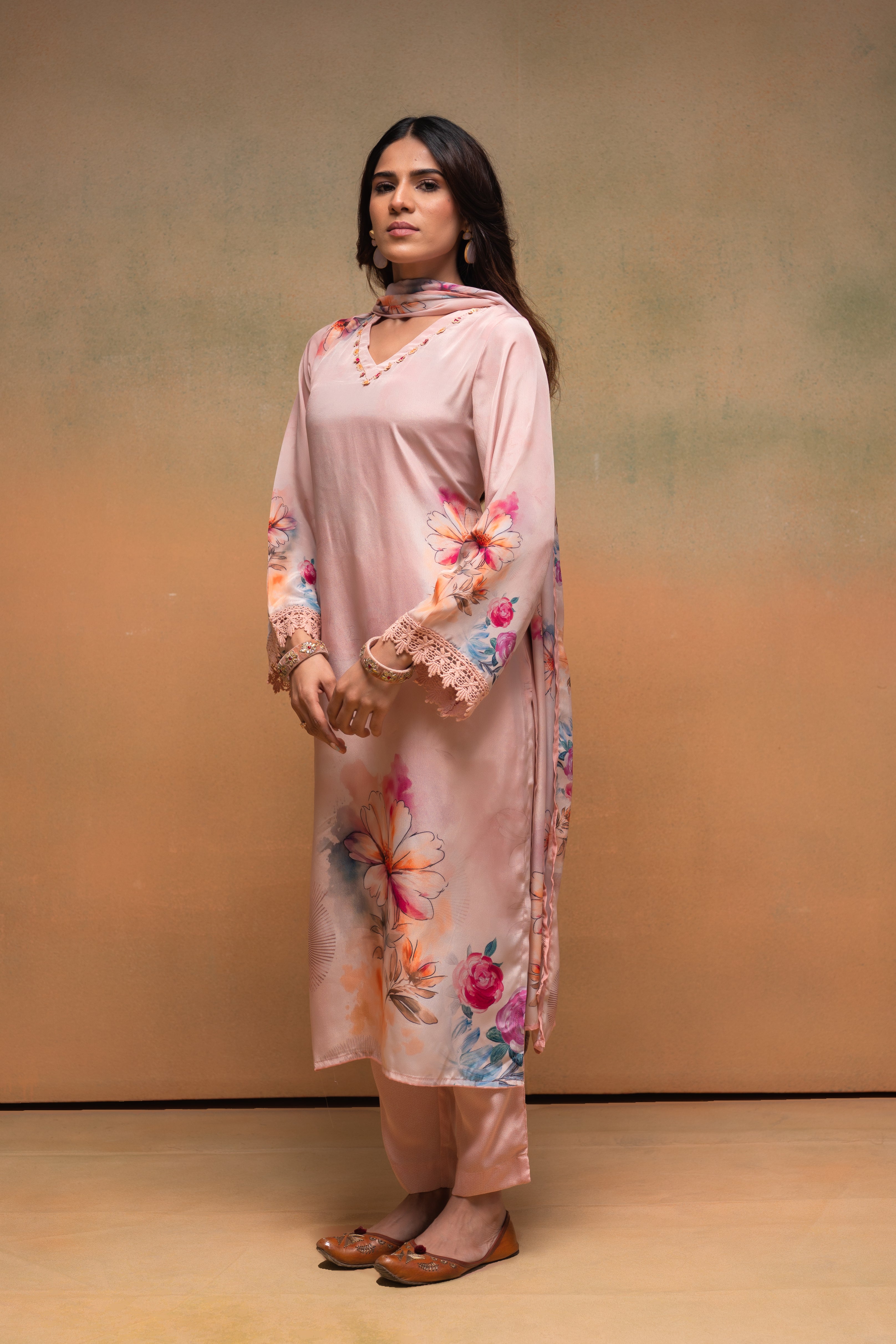 Peach Manmade Fiber Floral Printed Kurta With Pants & Dupatta Set With Sequence Work