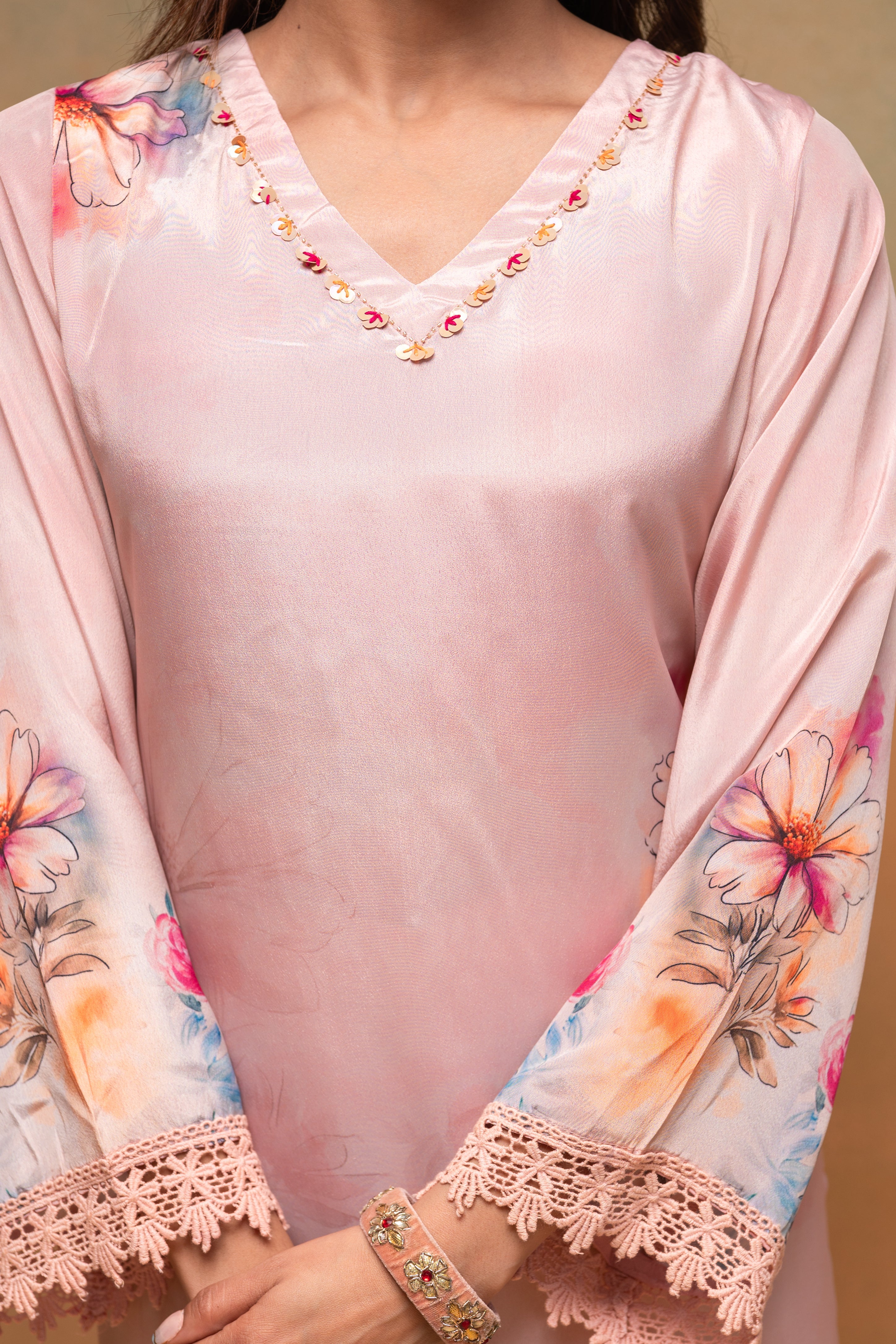 Peach Manmade Fiber Floral Printed Kurta With Pants & Dupatta Set With Sequence Work