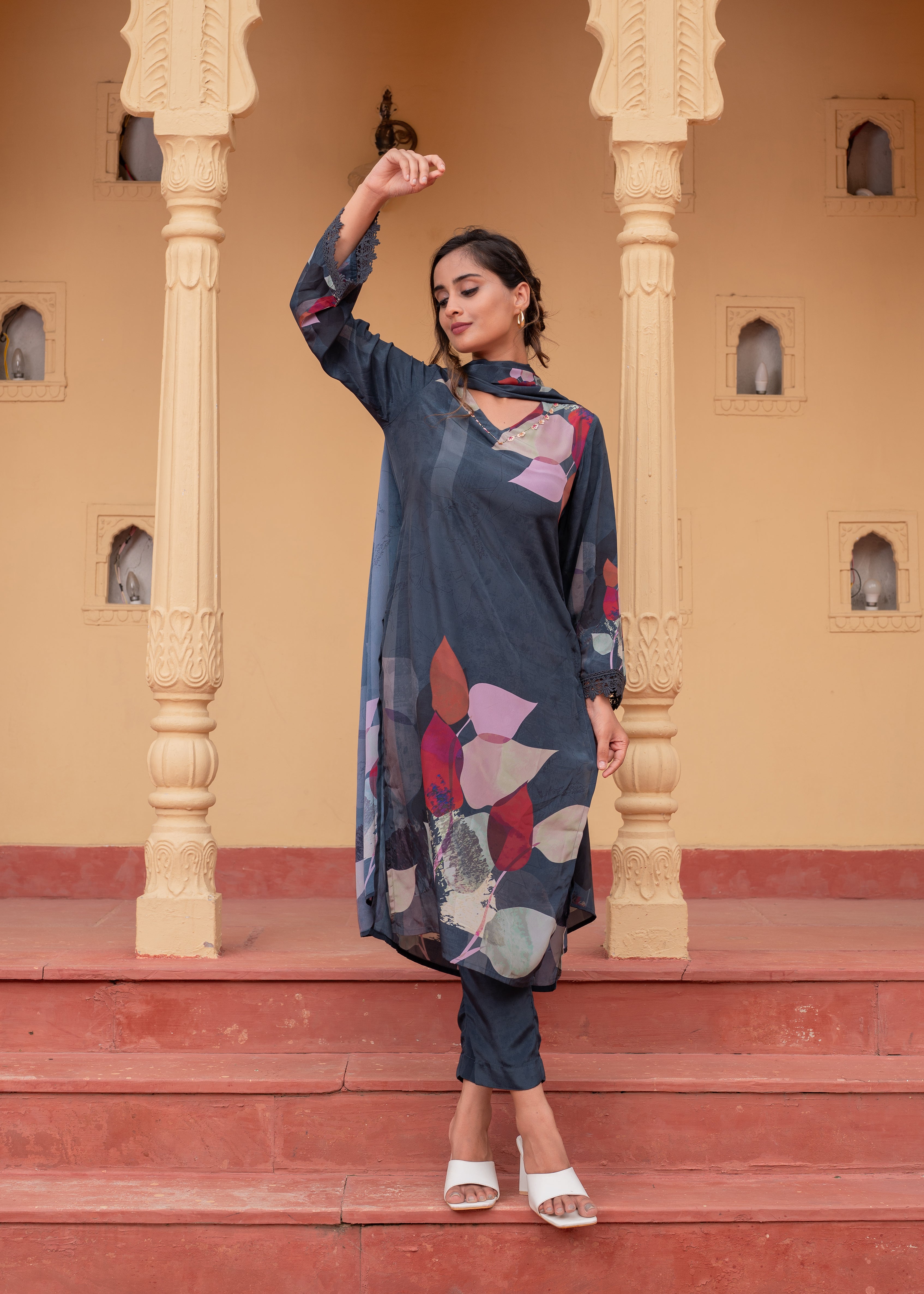 Navy Manmade Fiber Floral Printed Kurta With Pants & Dupatta Set With Sequence Work