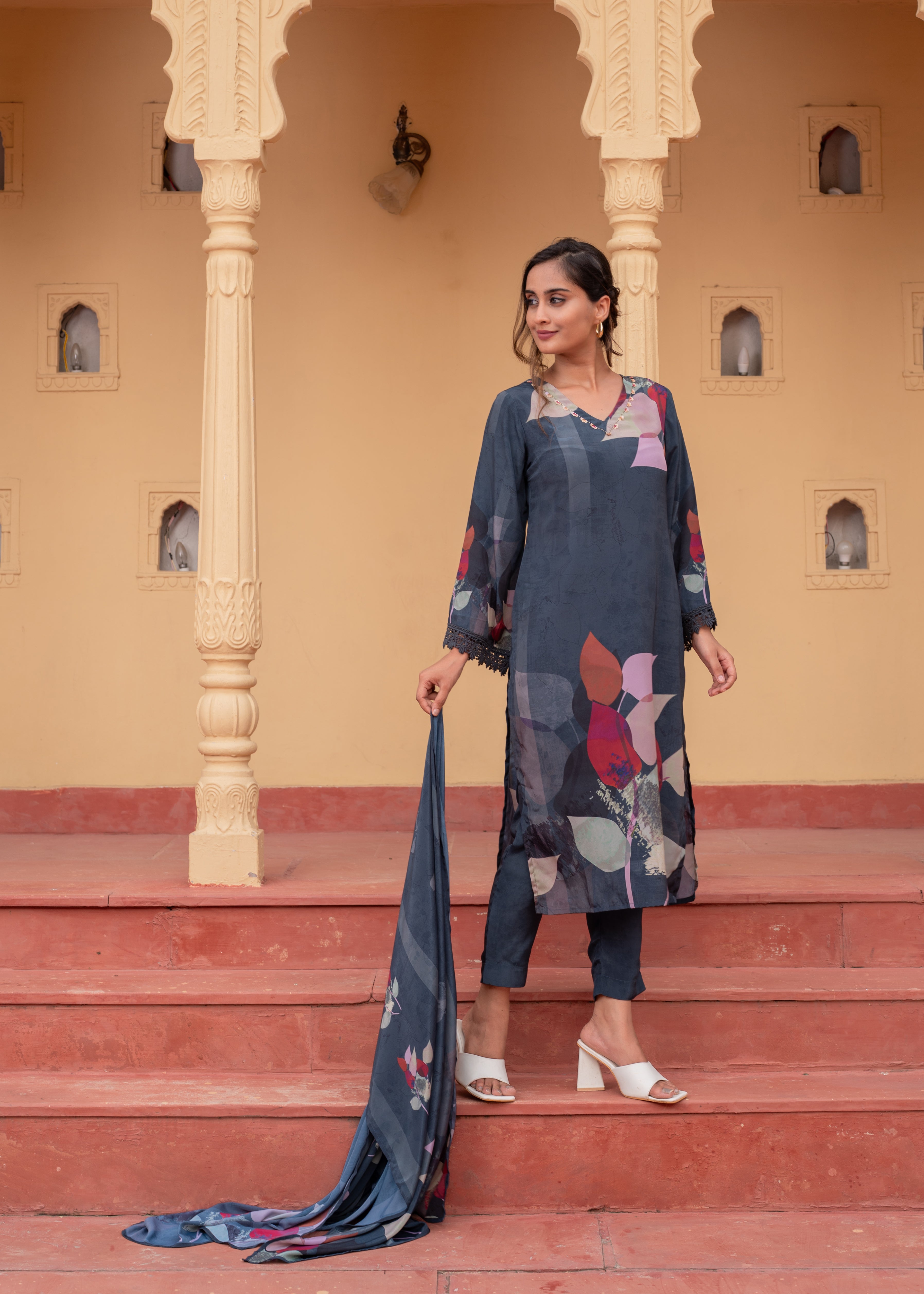 Navy Manmade Fiber Floral Printed Kurta With Pants & Dupatta Set With Sequence Work