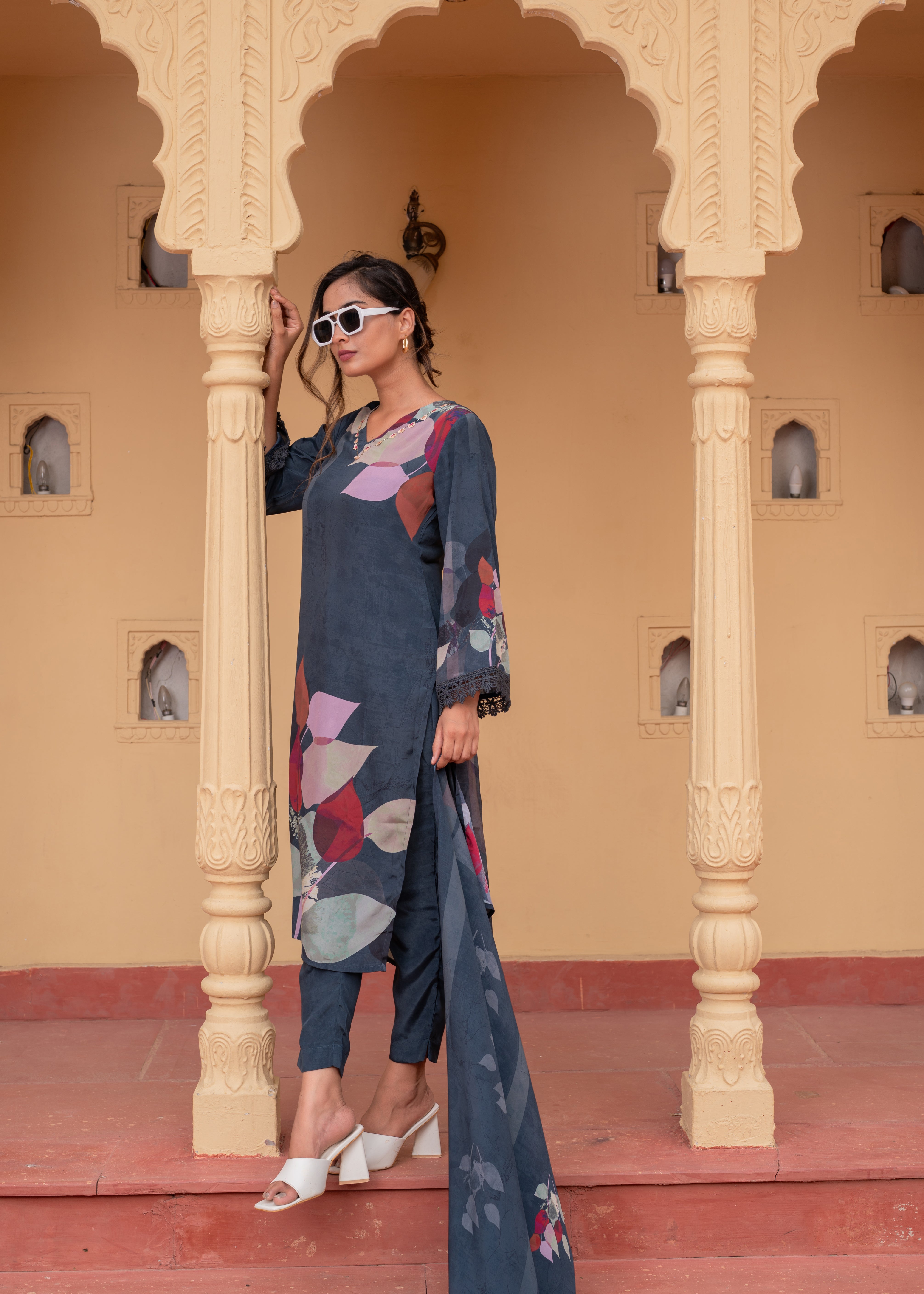 Navy Manmade Fiber Floral Printed Kurta With Pants & Dupatta Set With Sequence Work